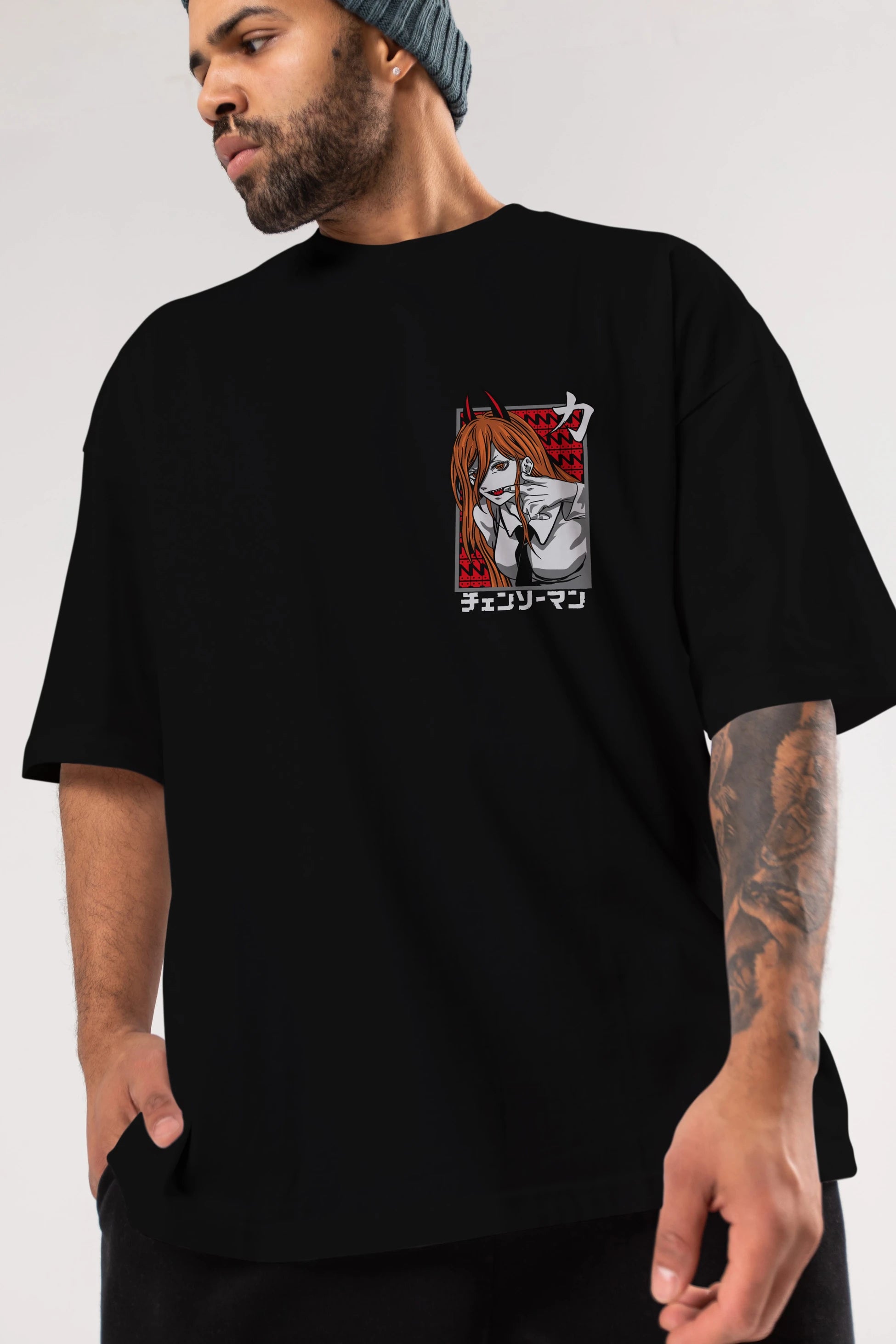 CHAINSAWMAN POWER Ön Sol Baskılı Oversize t-shirt Erkek Kadın Unisex %100 Pamuk Bisiklet Yaka tişort