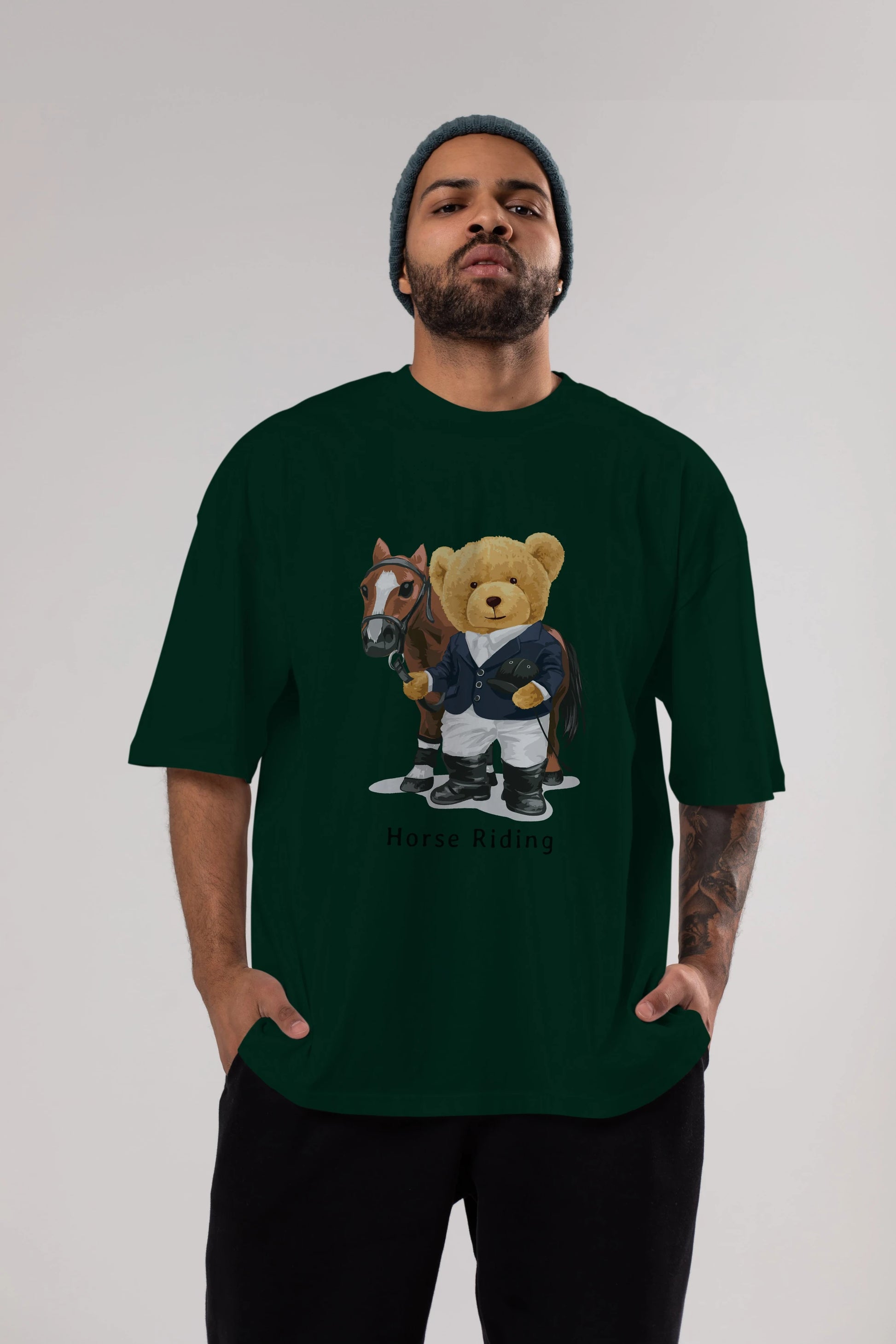 Teddy Bear Horse Riding Ön Baskılı Oversize t-shirt Erkek Kadın Unisex %100 Pamuk