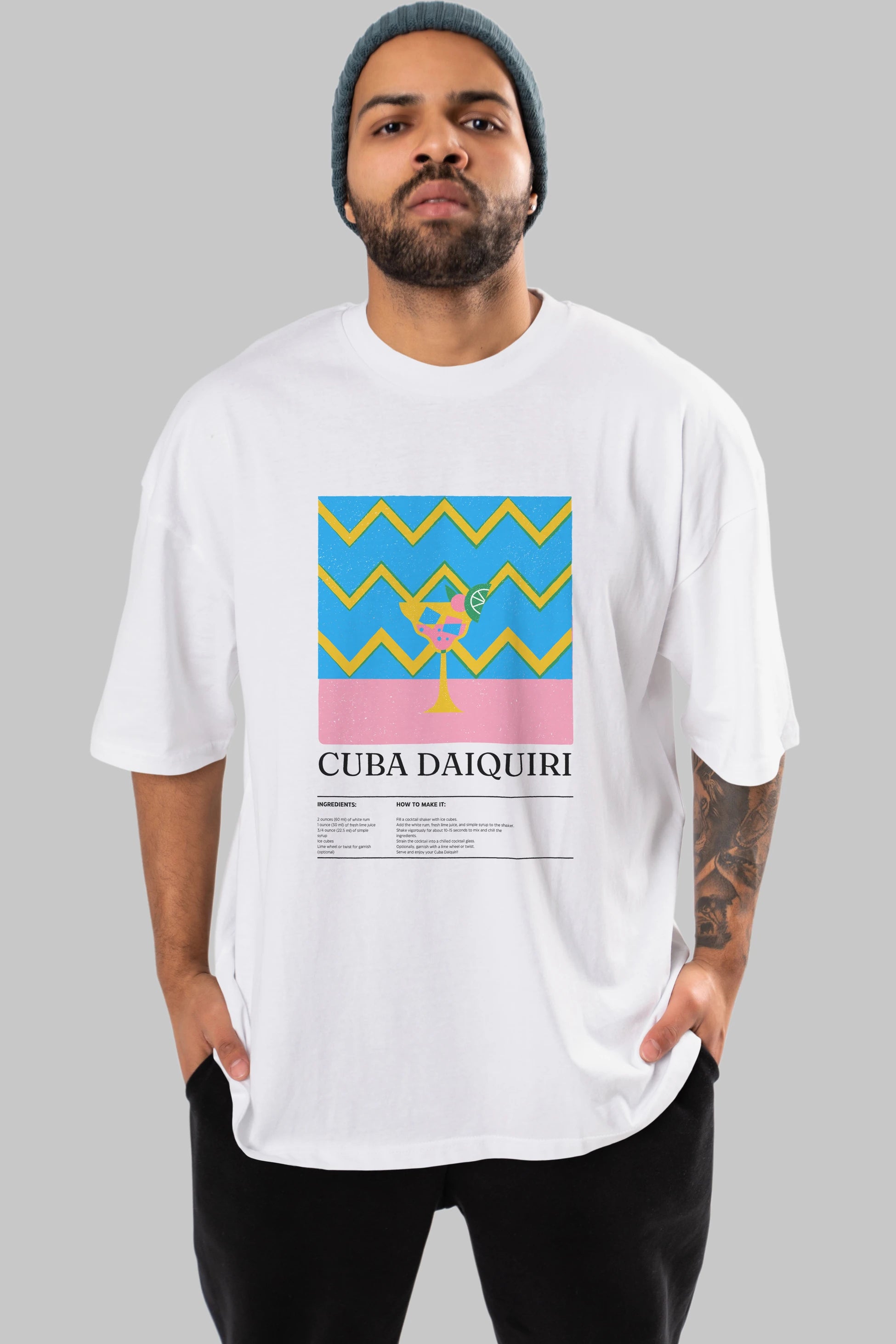 Cuba Daiquiri Kokteyl Ön Baskılı Oversize t-shirt Erkek Kadın %100 Pamuk Bisiklet Yaka tişort