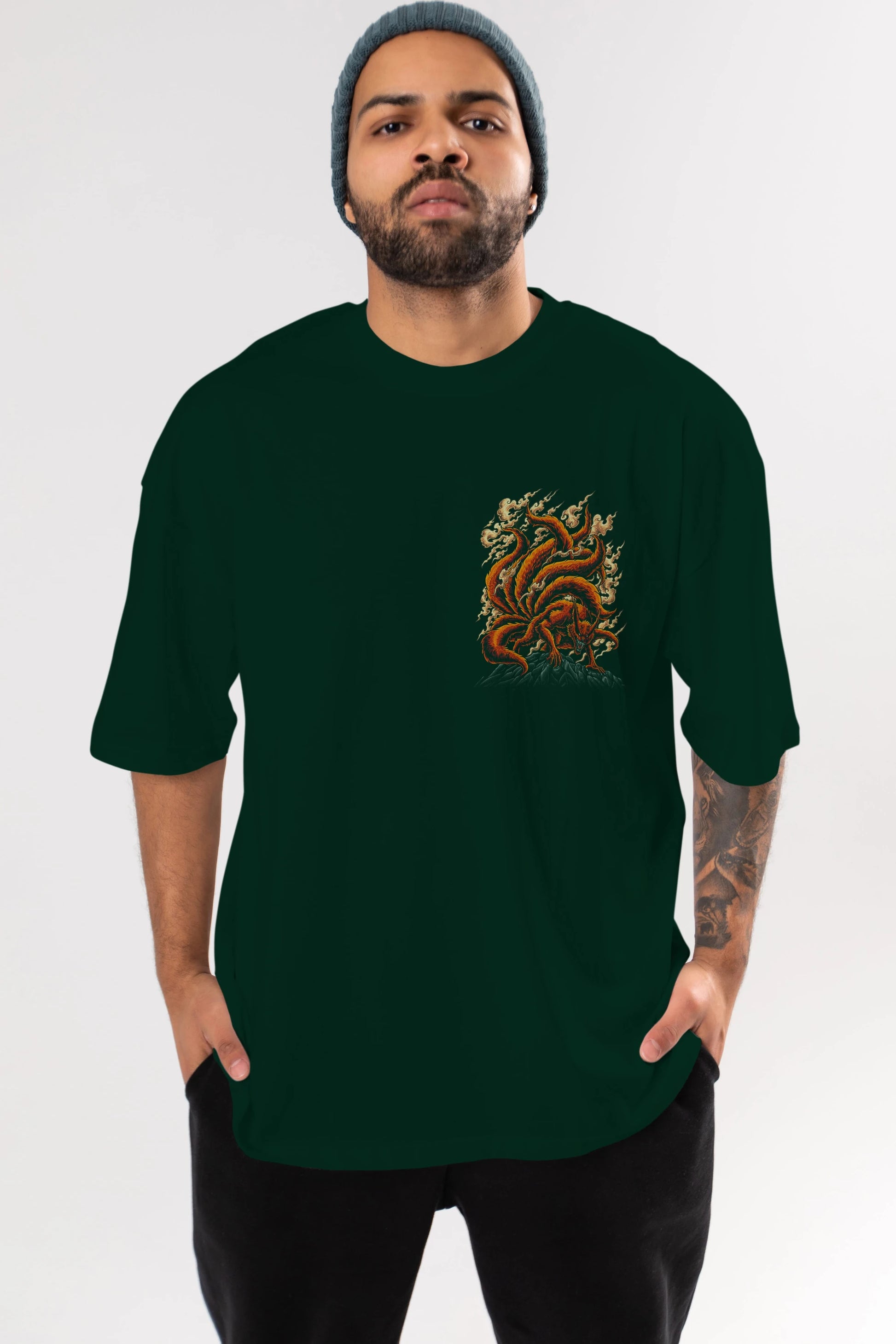 NARUTO KYUUBI Ön Sol Baskılı Oversize t-shirt Erkek Kadın Unisex %100 Pamuk Bisiklet Yaka tişort