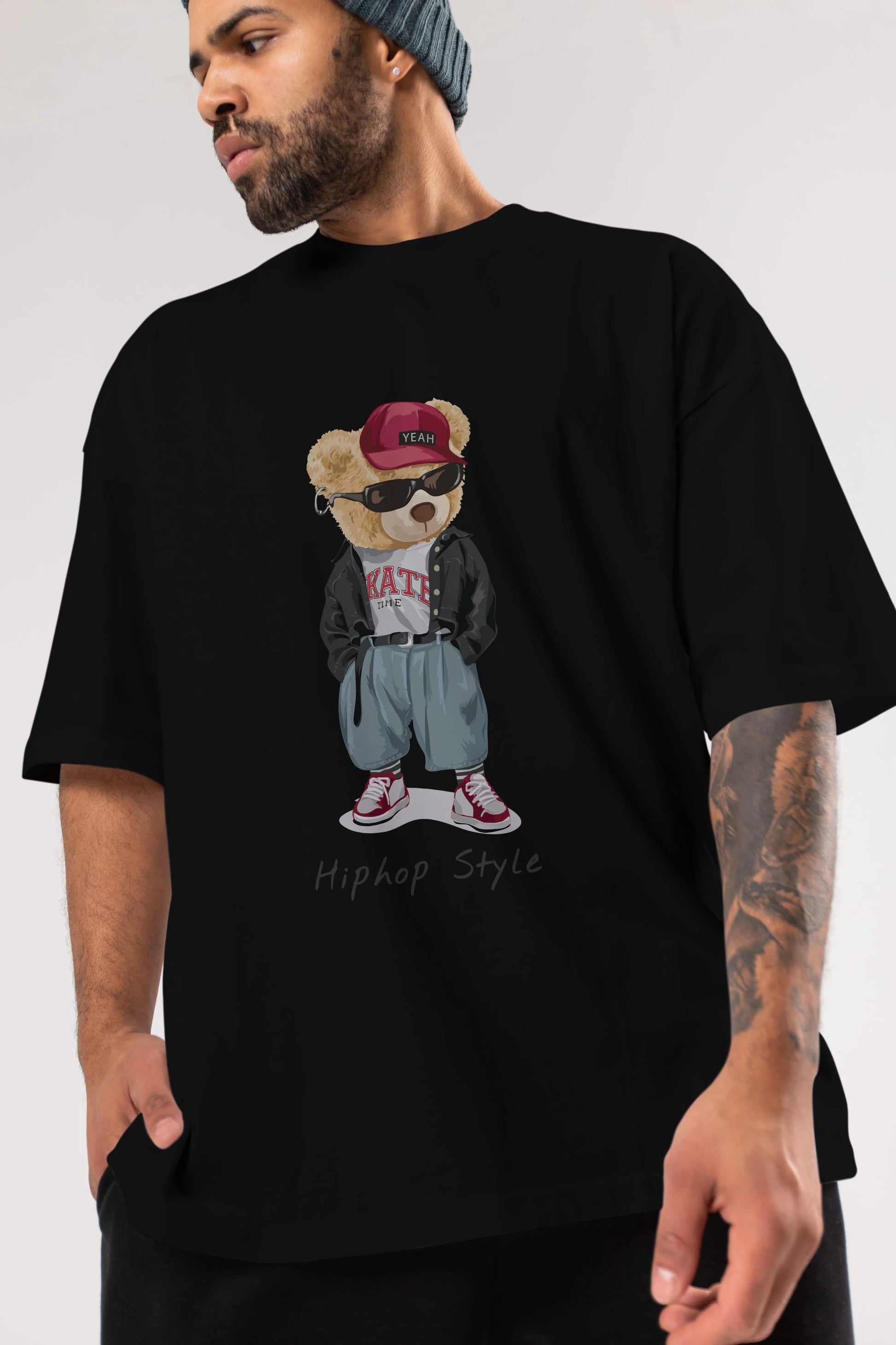 Teddy Bear Hiphop Style Ön Baskılı Oversize t-shirt Erkek Kadın Unisex %100 Pamuk