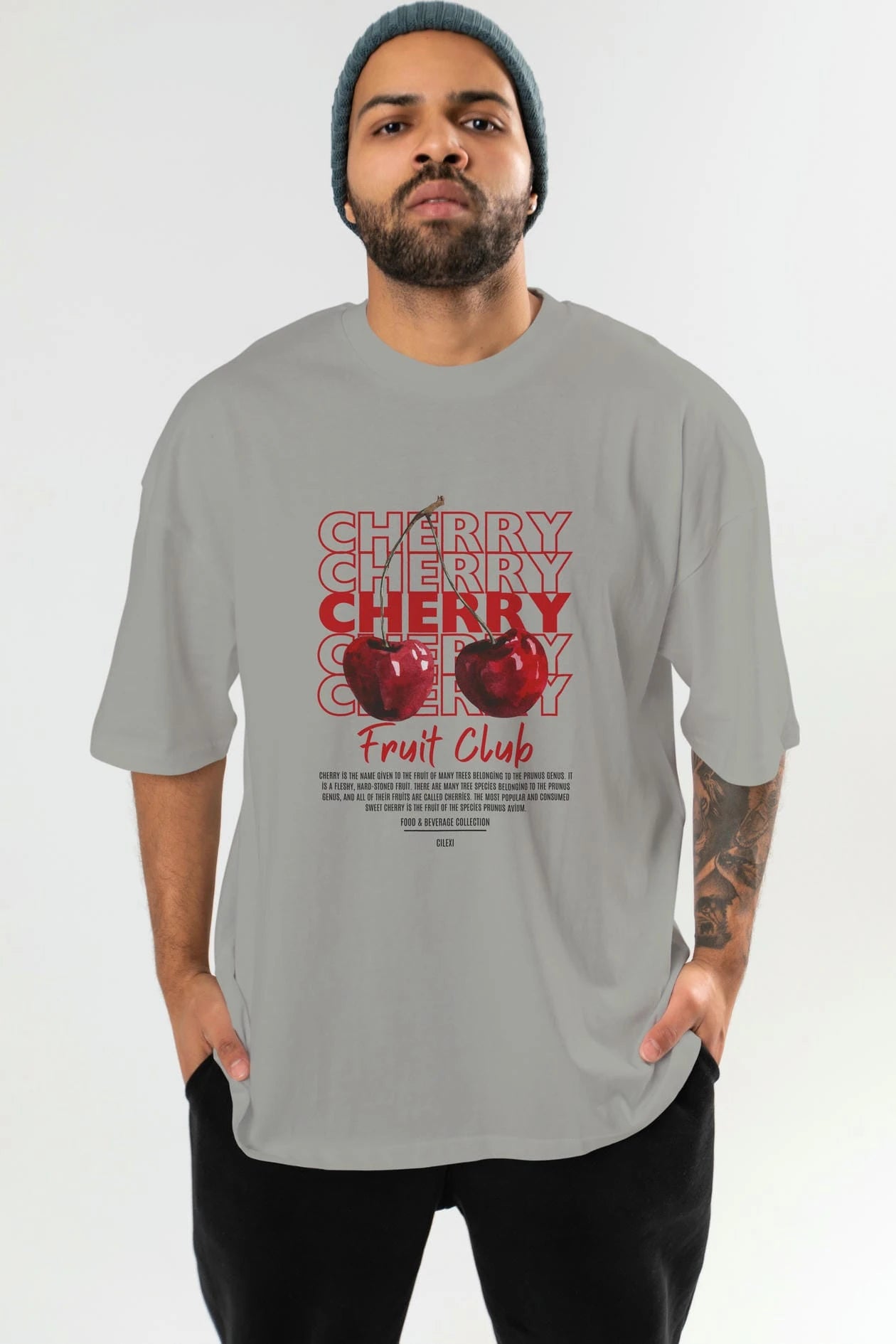 Cherry Ön Baskılı Oversize t-shirt Erkek Kadın Pamuk Bisiklet Yaka tişort