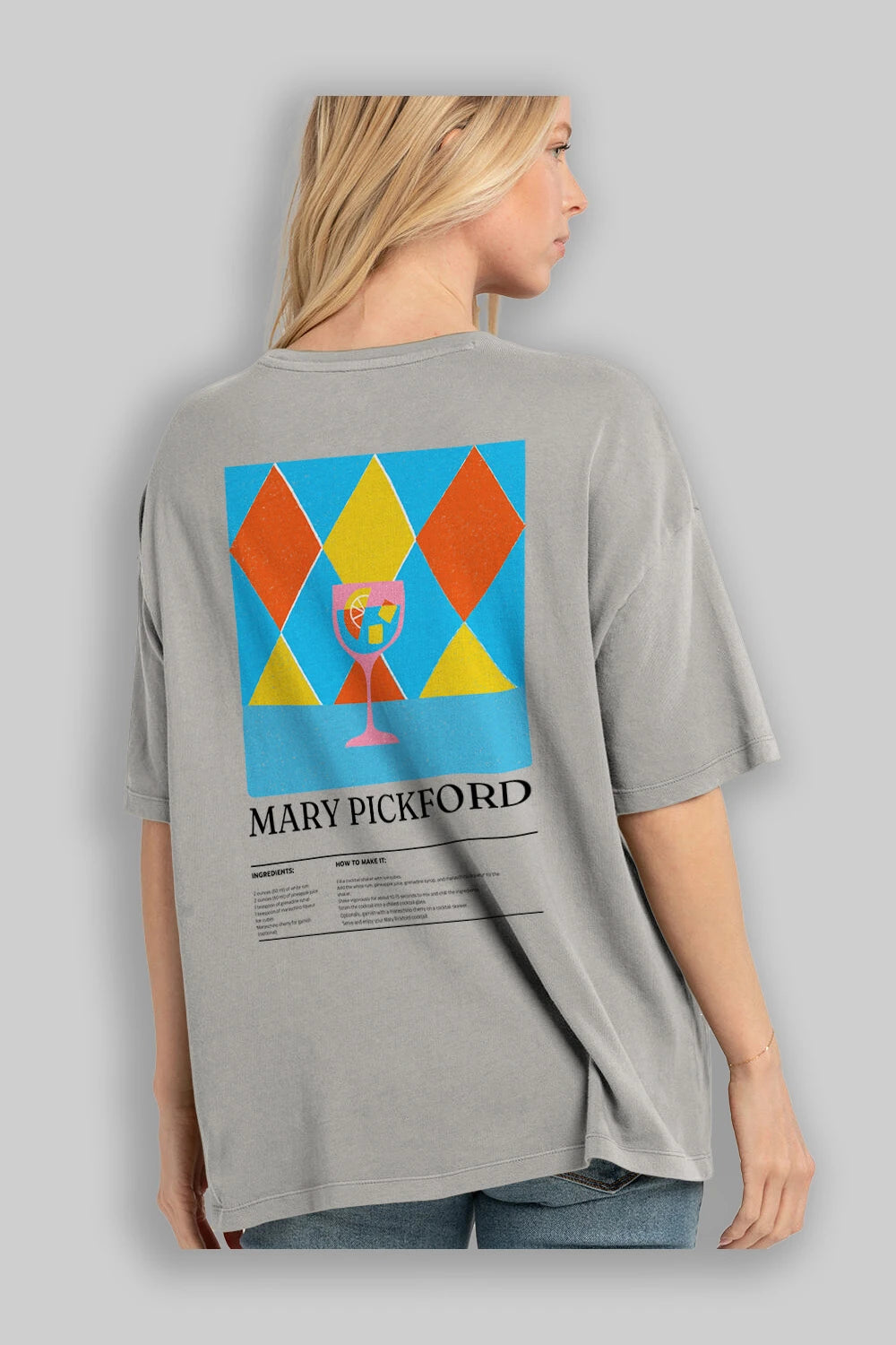 Mary Pickford Kokteyl Serisi Arka Baskılı Oversize t-shirt Erkek Kadın %100 Pamuk Bisiklet Yaka tişort