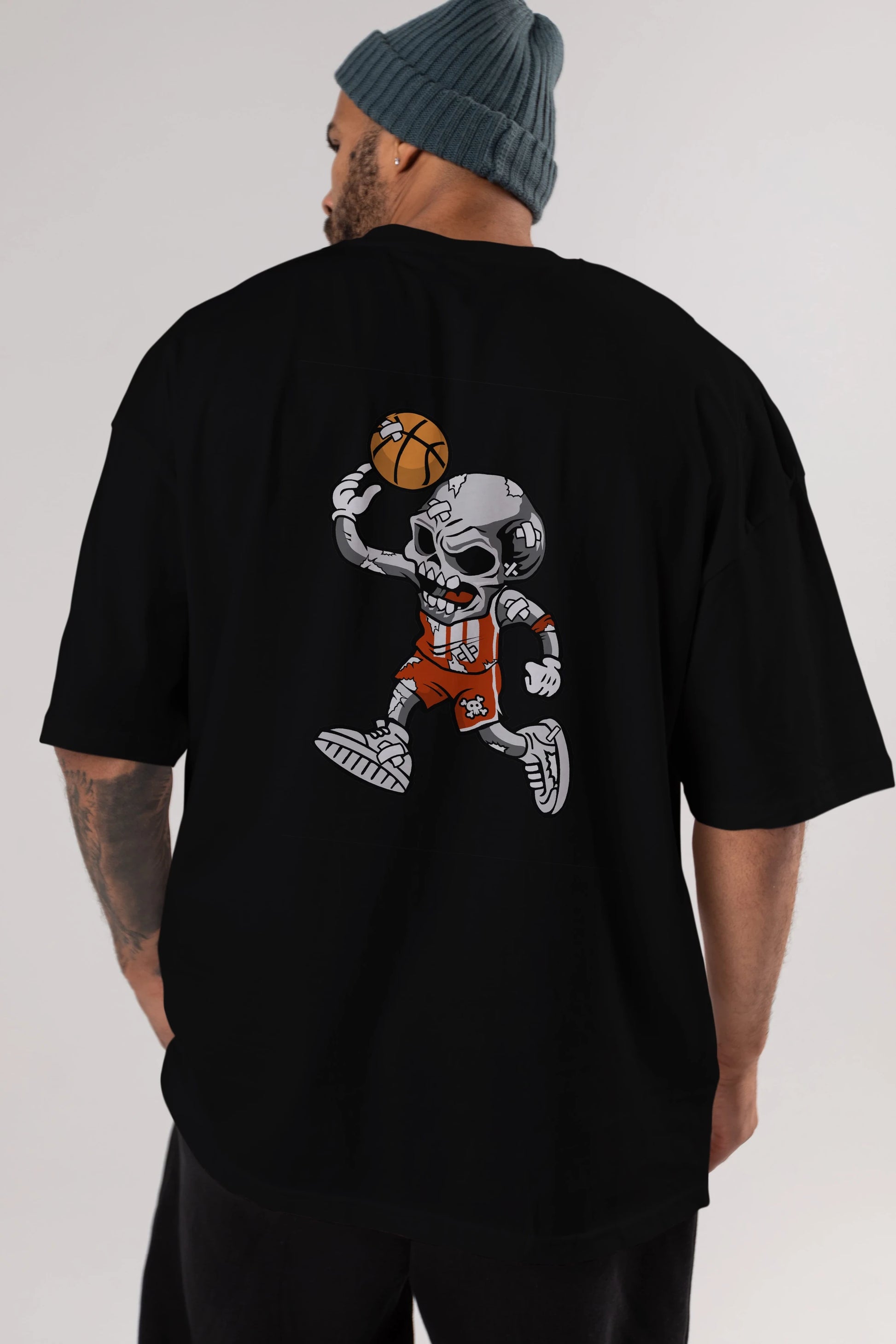 Skull Basketball Arka Baskılı Oversize t-shirt Erkek Kadın Unisex %100 Pamuk tişort