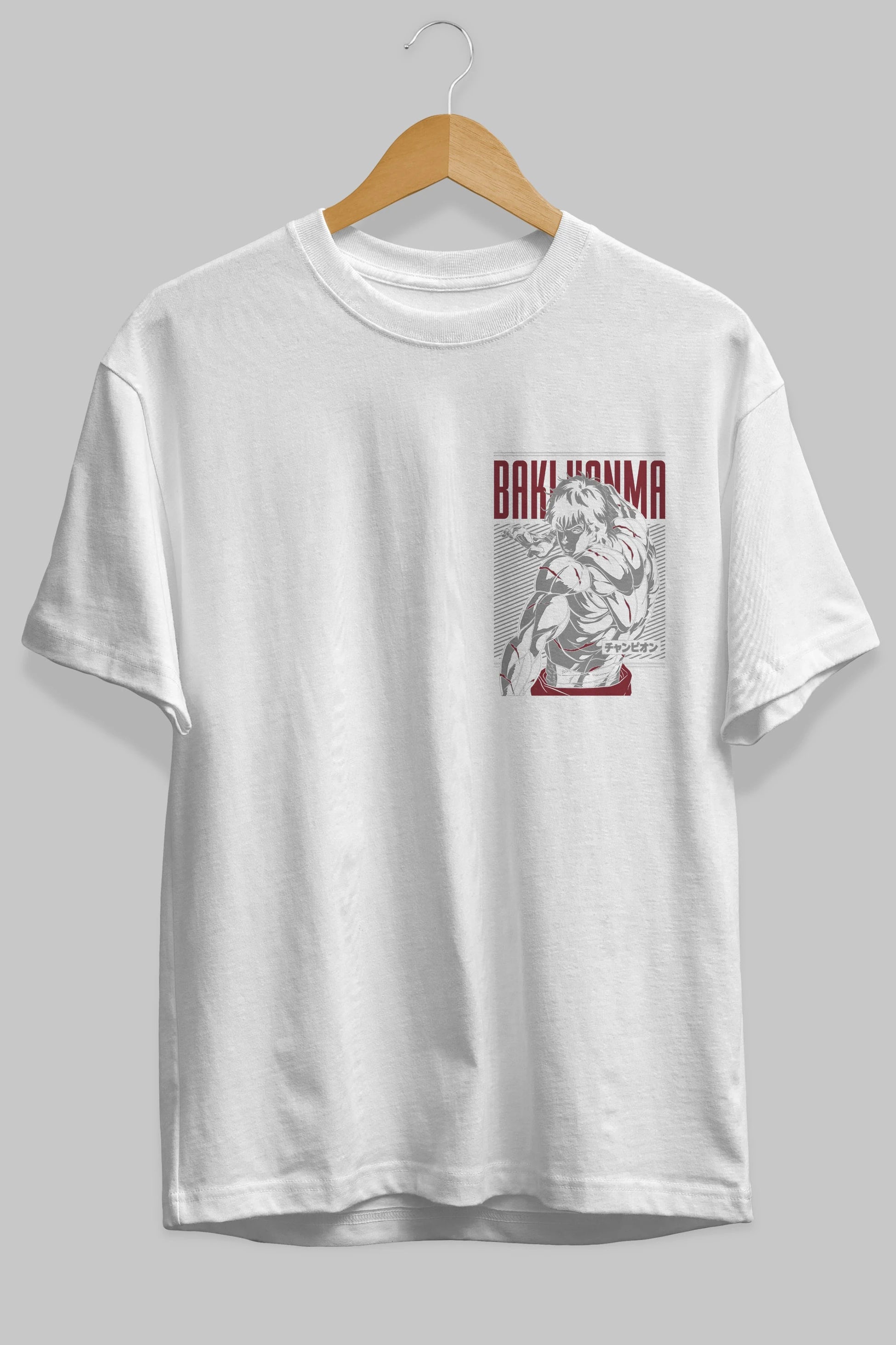 BAKI HANMA Ön Sol Baskılı Oversize t-shirt Erkek Kadın Unisex %100 Pamuk Bisiklet Yaka tişort
