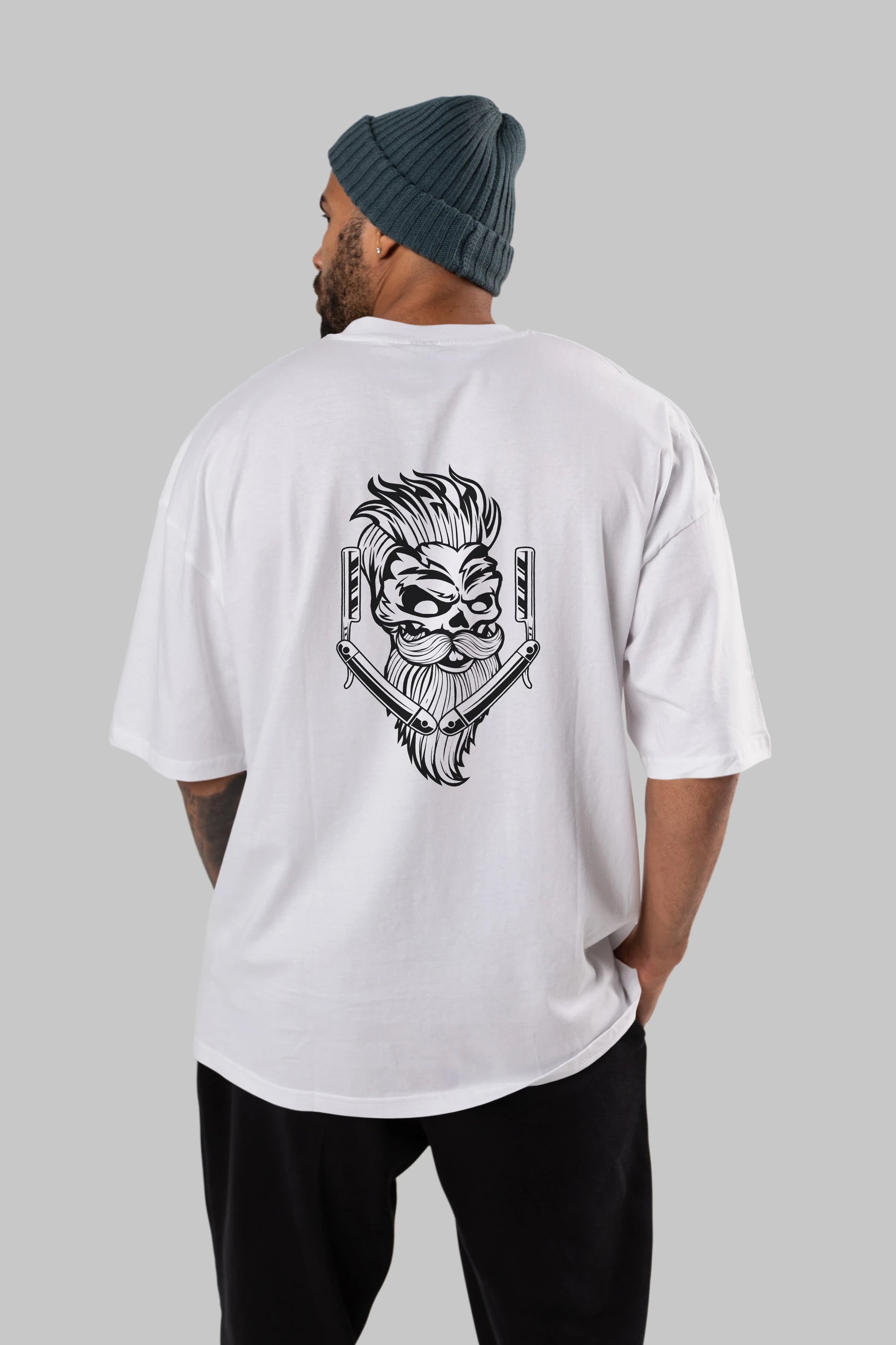 Skull Beard Arka Baskılı Oversize t-shirt Erkek Kadın Unisex %100 Pamuk tişort