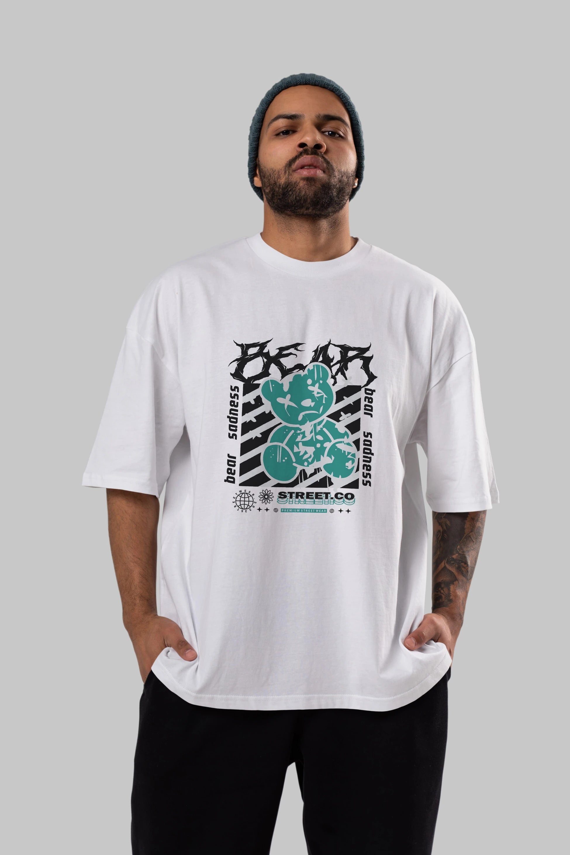 Bear Sadness Ön Baskılı Oversize t-shirt Erkek Kadın Unisex