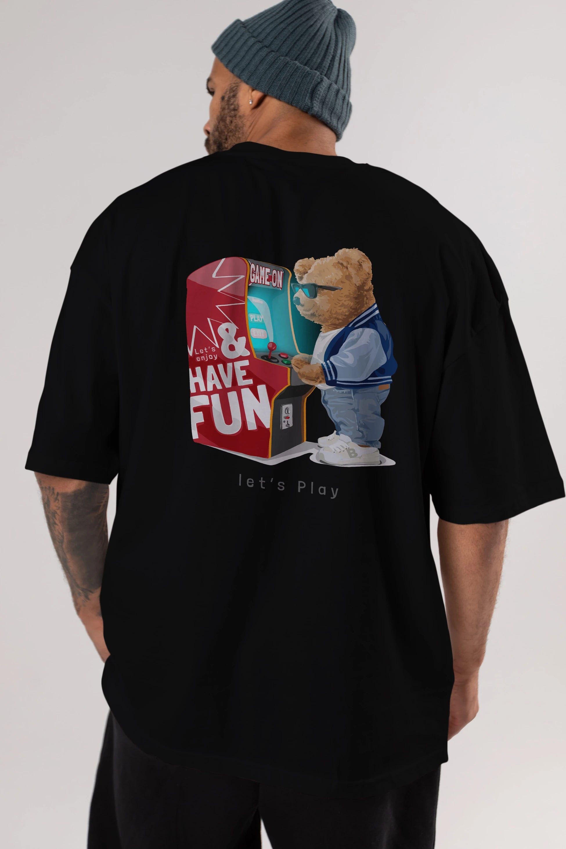 Teddy Bear Lets Play Arka Baskılı Oversize t-shirt Erkek Kadın Unisex %100 Pamuk