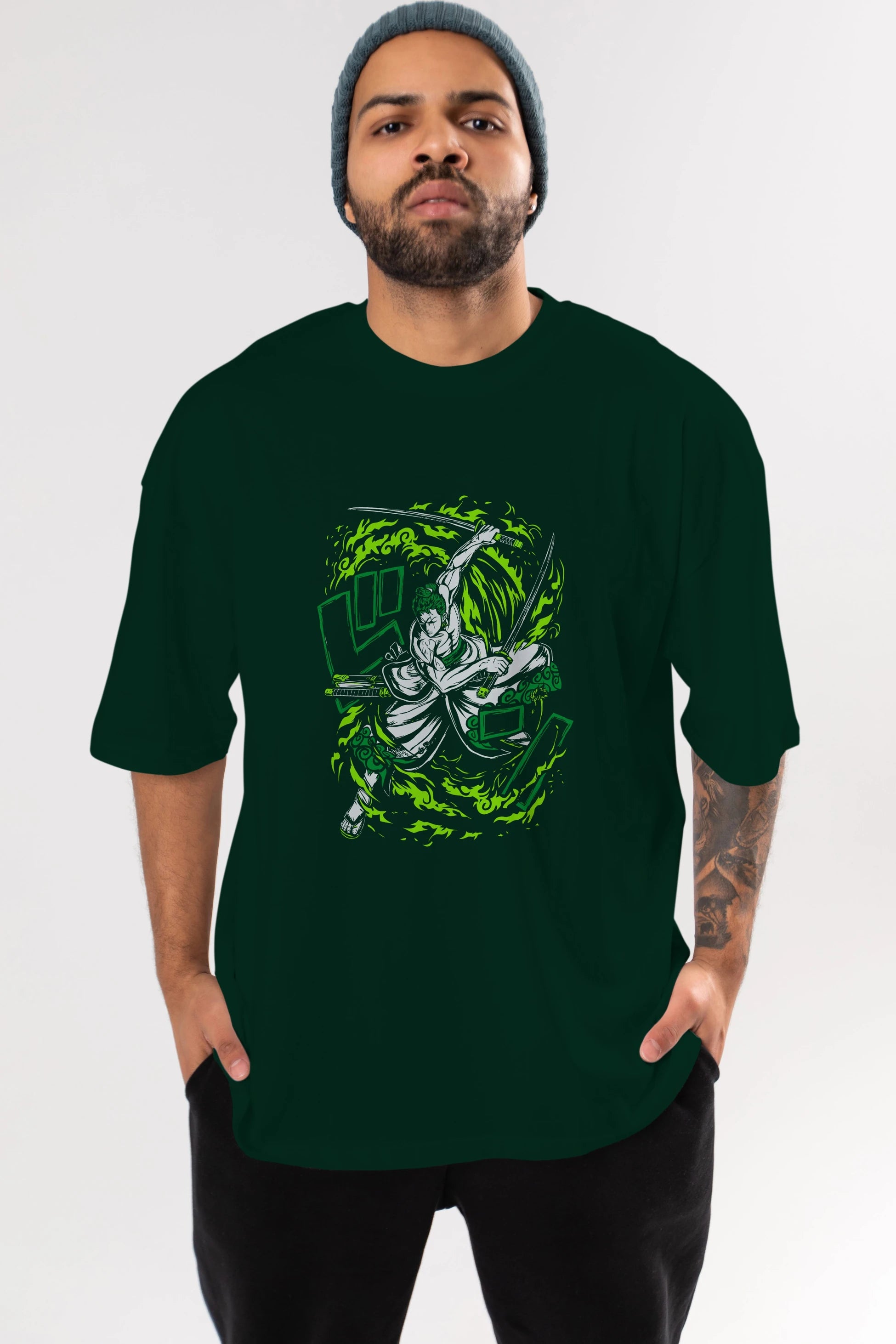 ZORO-ONE PIECE (2) Anime Ön Baskılı Oversize t-shirt %100 pamuk Erkek Kadın Unisex