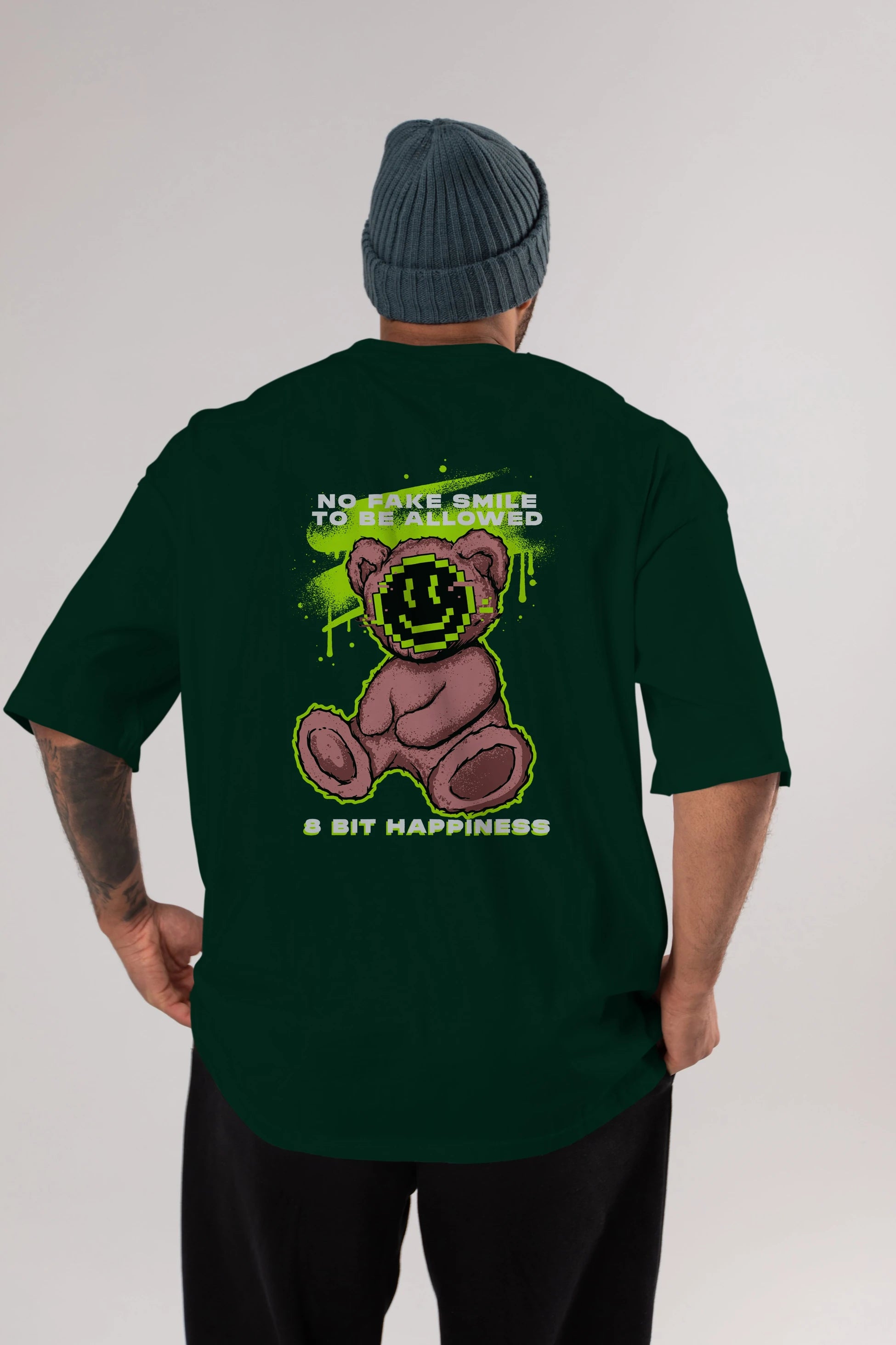 No Fake Smile Bear Arka Baskılı Oversize t-shirt Erkek Kadın Unisex