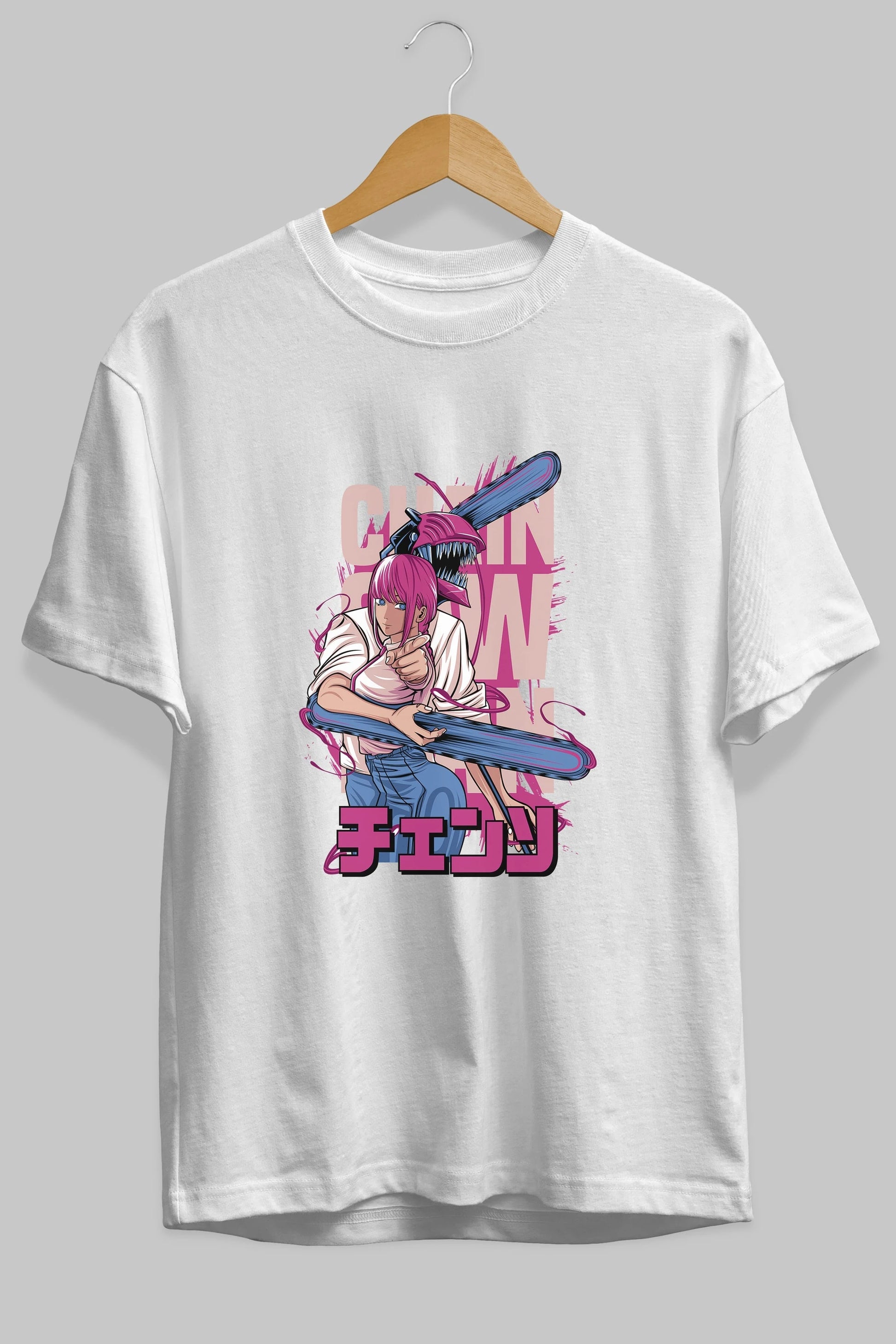 DENJI and MAKIMA Anime Ön Baskılı Oversize t-shirt %100 pamuk Erkek Kadın Unisex