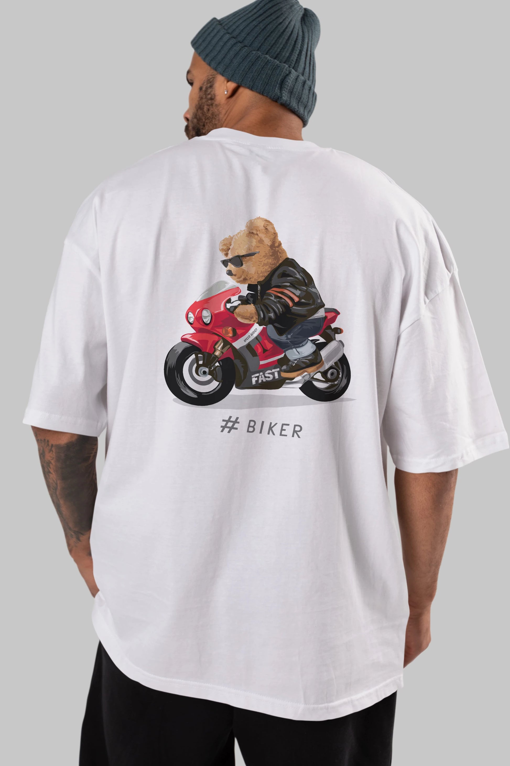 Teddy Bear Biker Arka Baskılı Oversize t-shirt Erkek Kadın Unisex %100 Pamuk