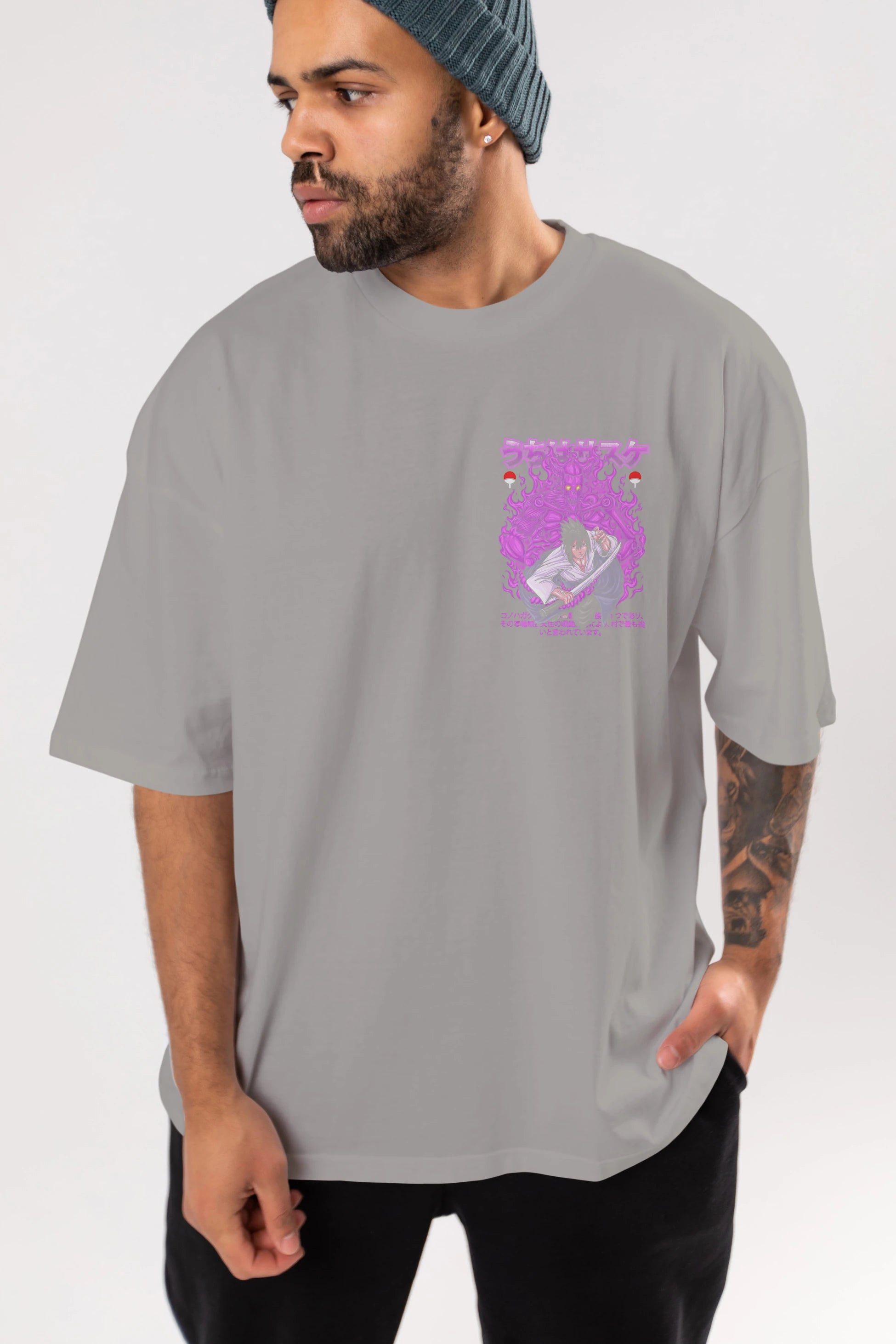 SASUKE UCHIHA NARUTO Ön Sol Baskılı Oversize t-shirt Erkek Kadın Unisex %100 Pamuk Bisiklet Yaka tişort