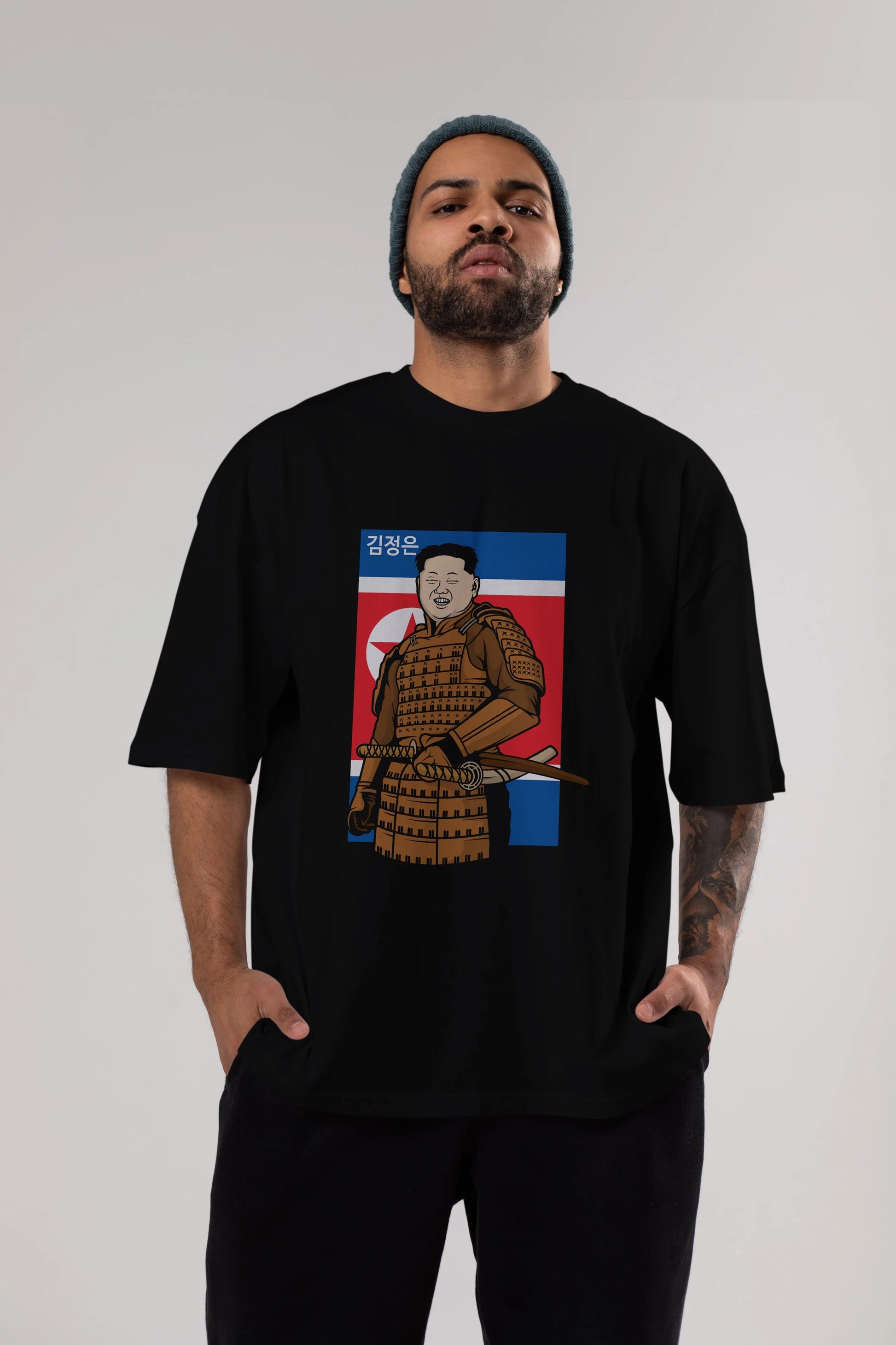 Samurai Jong Un Ön Baskılı Oversize t-shirt Erkek Kadın Unisex %100 Pamuk tişort