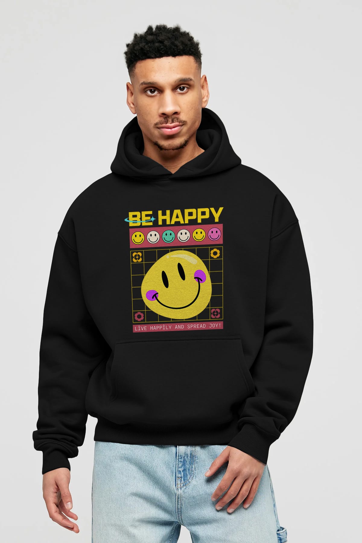 Be Happy Yazılı Ön Baskılı Oversize Hoodie Kapüşonlu Sweatshirt Erkek Kadın Unisex