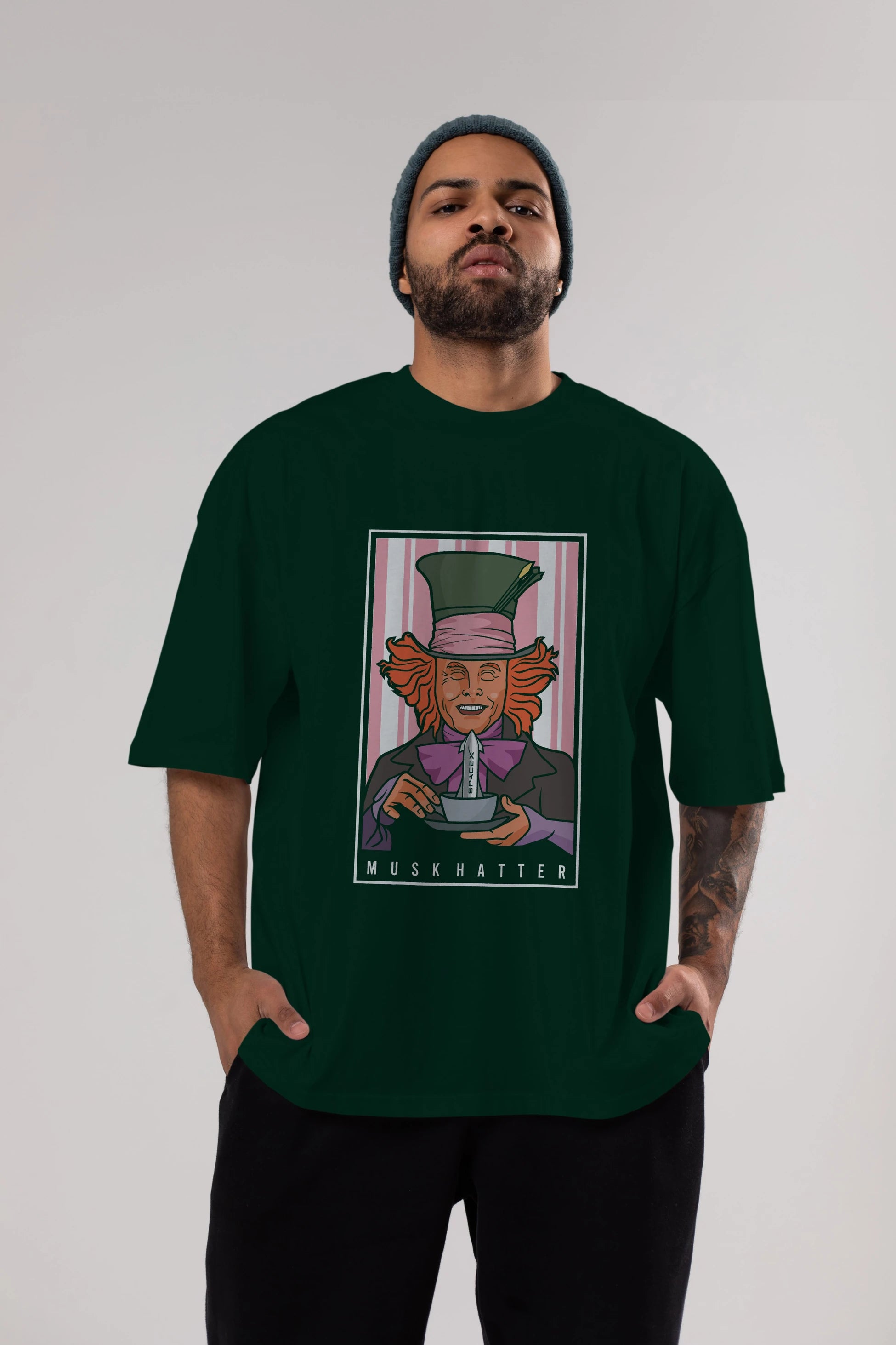 Mad Hatter Elon Musk Ön Baskılı Oversize t-shirt Erkek Kadın Unisex %100 Pamuk tişort