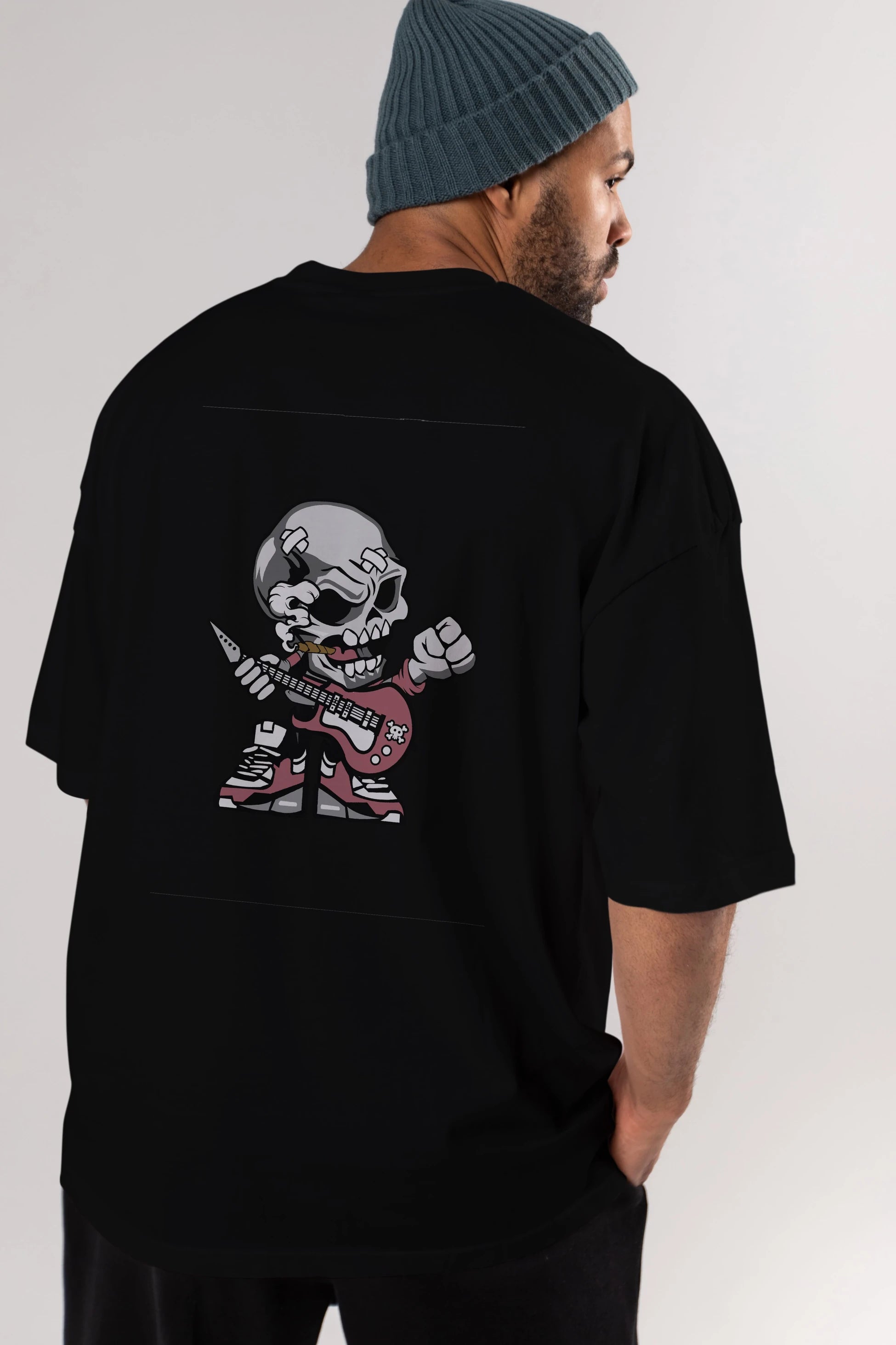 Skull Rockstar Arka Baskılı Oversize t-shirt Erkek Kadın Unisex %100 Pamuk tişort