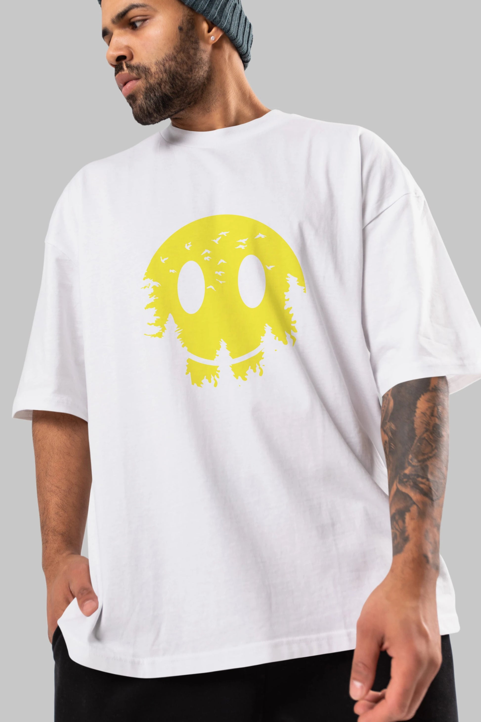 Smiley Moon Ön Baskılı Oversize t-shirt %100 pamuk Erkek Kadın Unisex