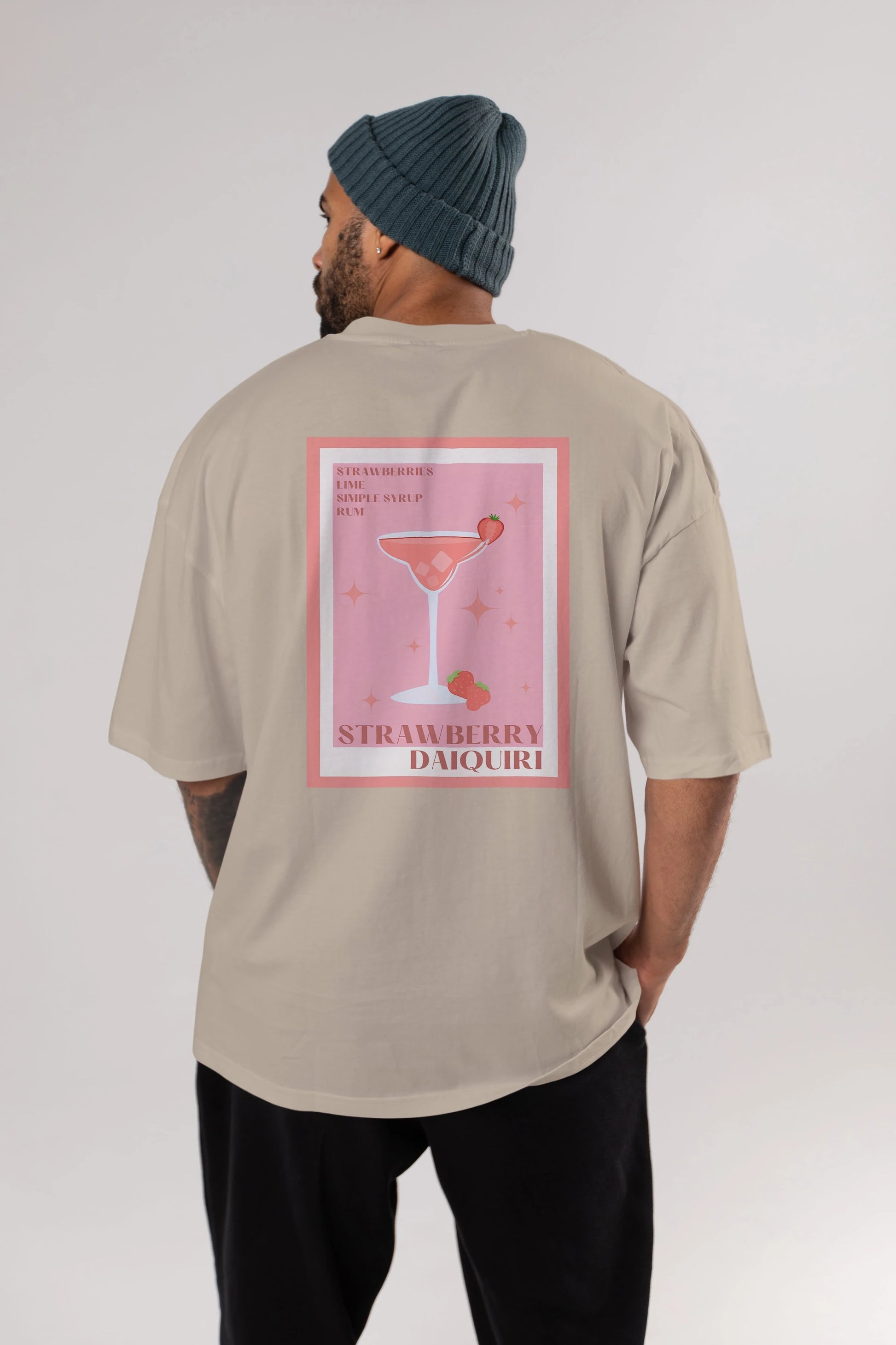 Strawberry Daiquiri Arka Baskılı Oversize t-shirt Erkek Kadın Unisex %100 Pamuk Bisiklet Yaka tişort