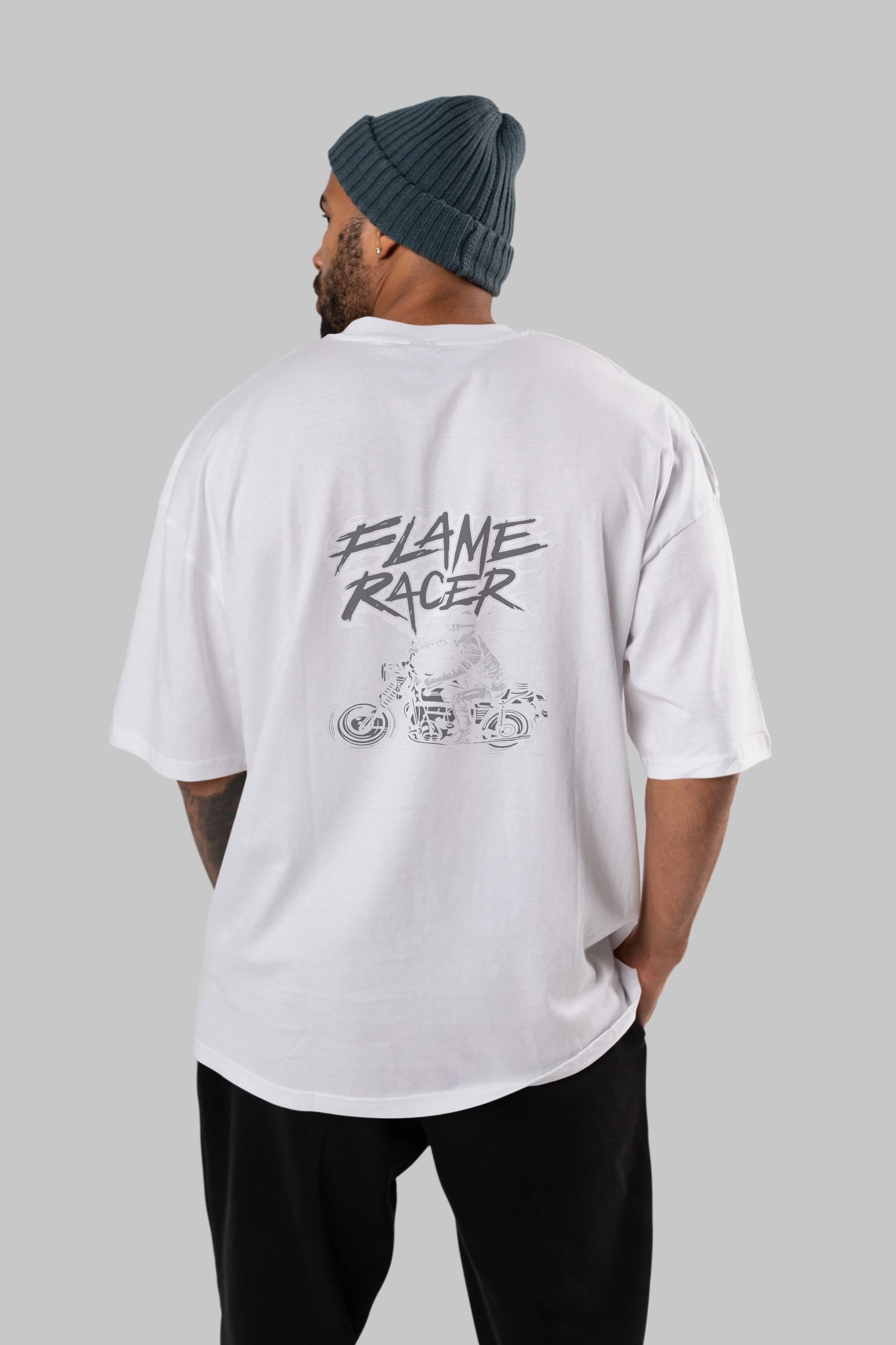 Flame Racer Arka Baskılı Oversize t-shirt Erkek Kadın Unisex %100 Pamuk