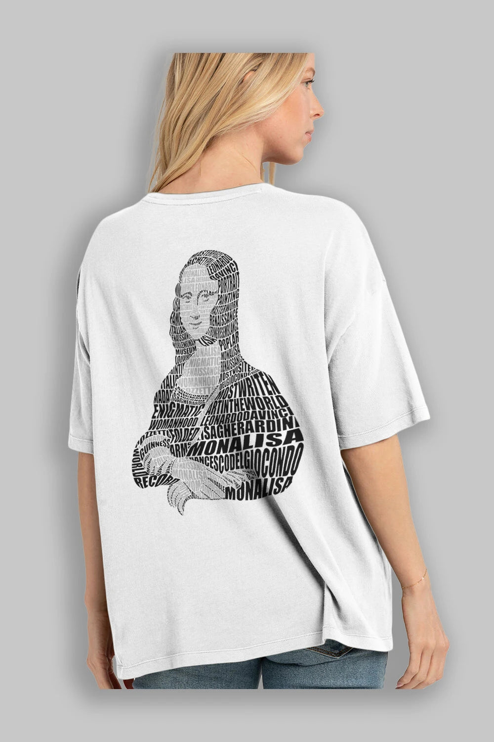 Mona Lisa Calligram Arka Baskılı Oversize t-shirt %100 pamuk Erkek Kadın Unisex