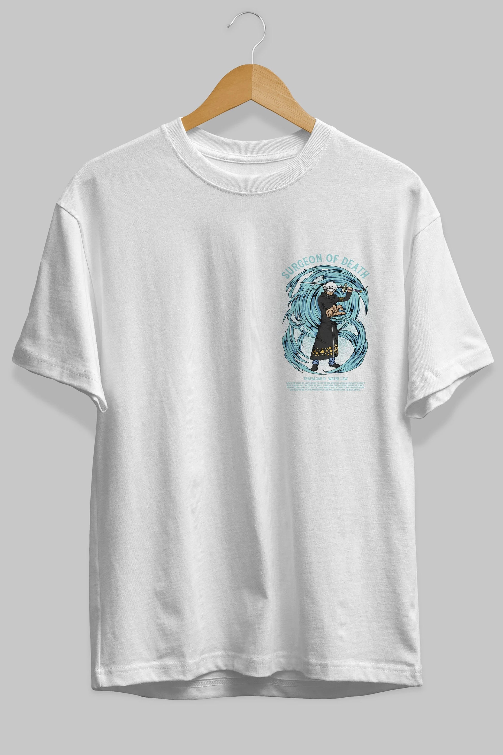 Trafalgad D. Water Law Ön Sol Baskılı Oversize t-shirt Erkek Kadın Unisex %100 Pamuk Bisiklet Yaka tişort