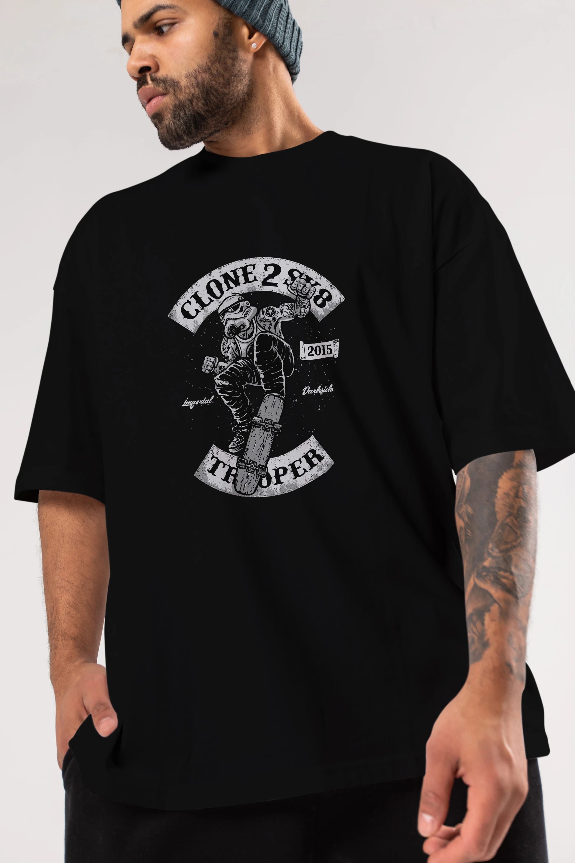 Clone 2 Sk8 Ön Baskılı Oversize t-shirt Erkek Kadın Unisex %100 Pamuk tişort