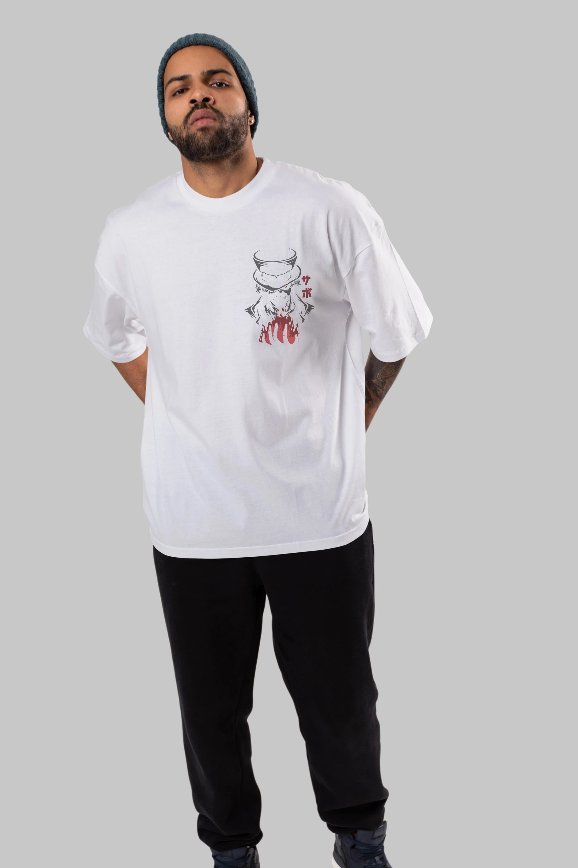 SaboOnePiece Ön Sol Baskılı Oversize t-shirt Erkek Kadın Unisex %100 Pamuk Bisiklet Yaka tişort