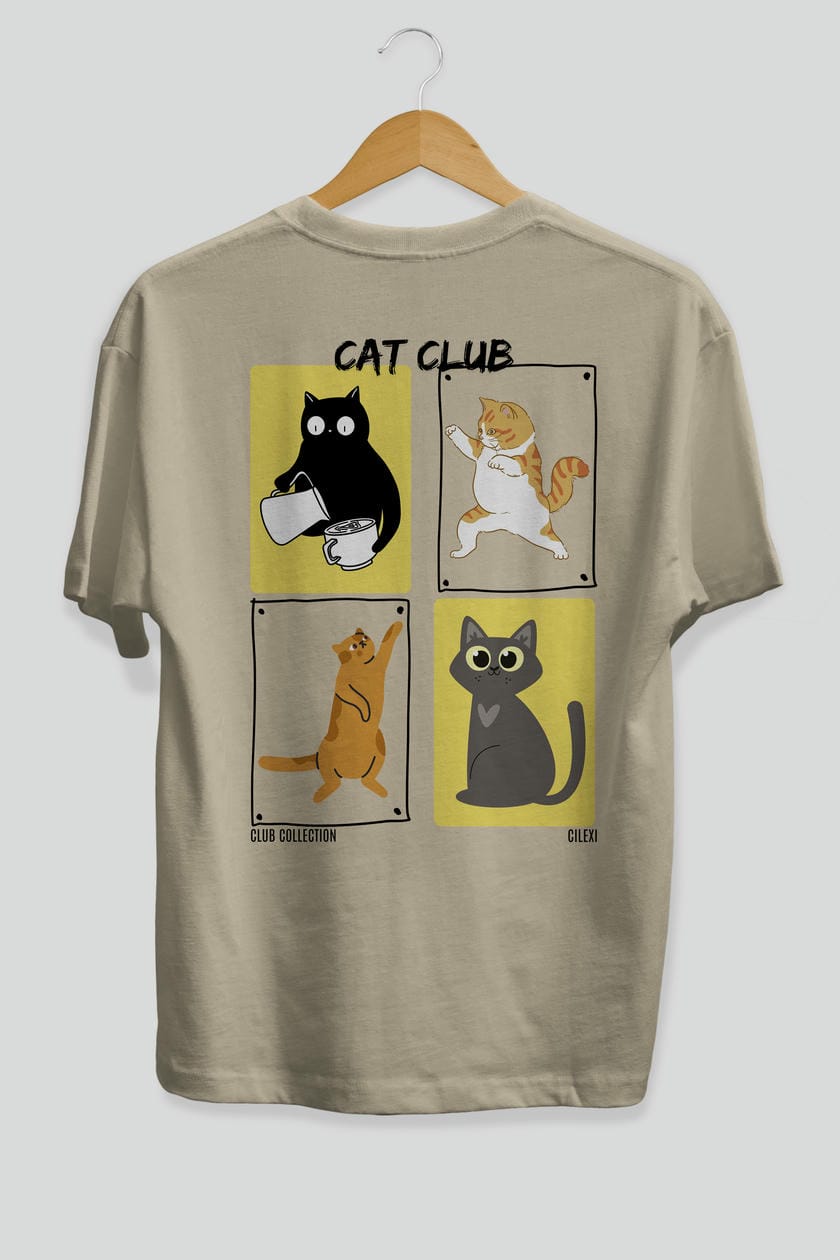 Cat Club Arka Baskılı Oversize t-shirt Erkek Kadın %100 Pamuk Bisiklet Yaka tişort