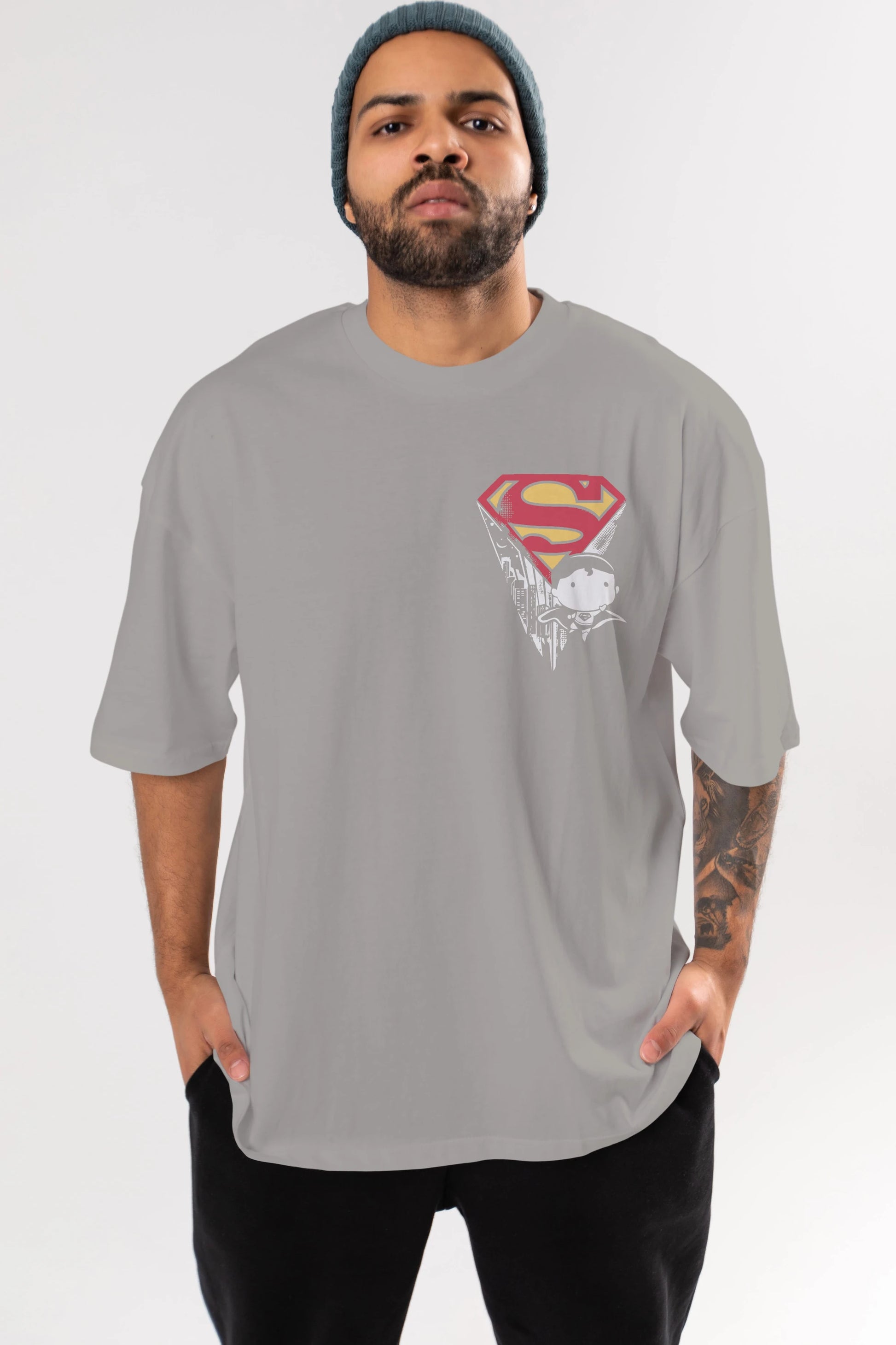 Superman Ön Sol Baskılı Oversize t-shirt Erkek Kadın Unisex %100 Pamuk Bisiklet Yaka tişort