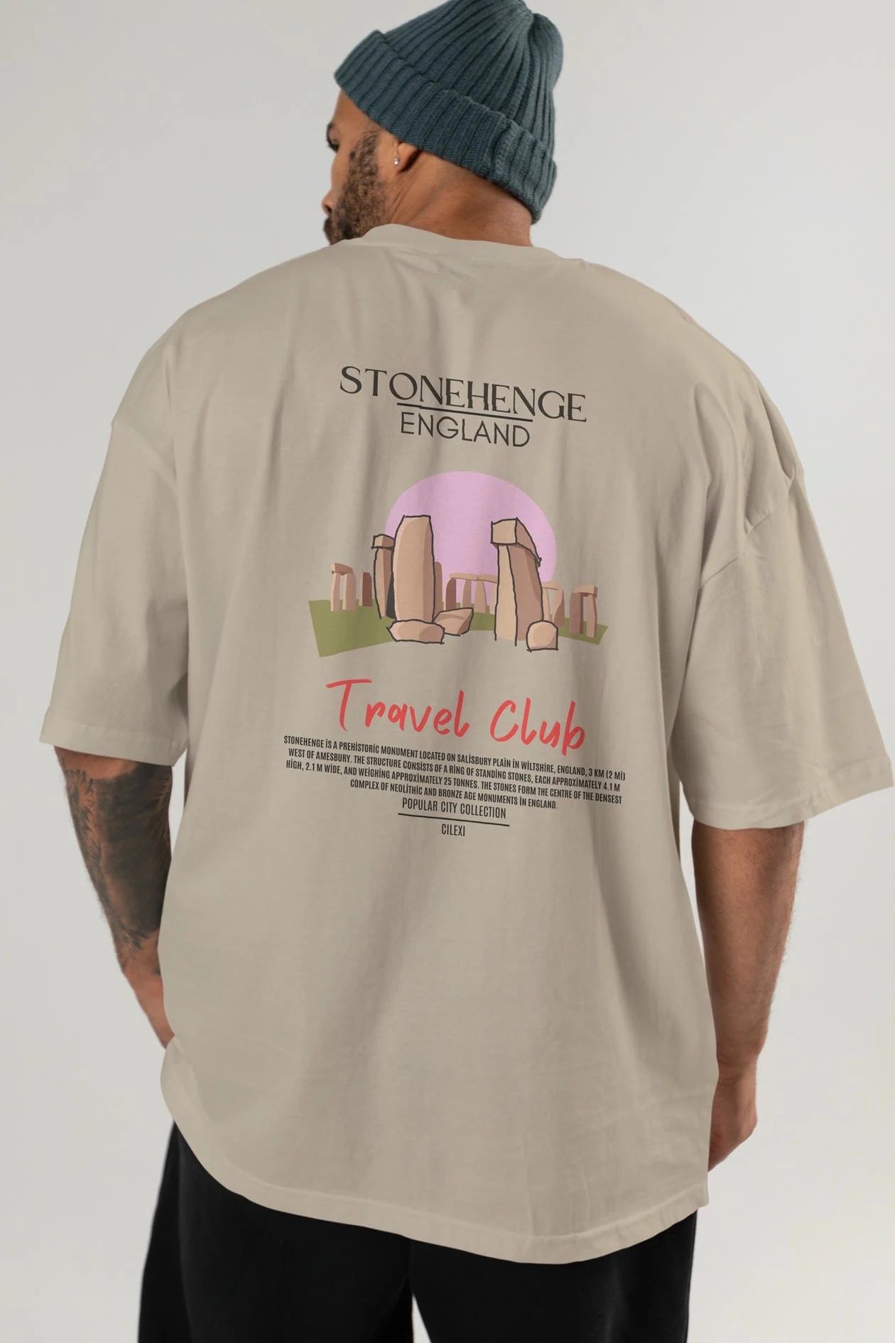 Stonehenge England Arka Baskılı Oversize t-shirt Erkek Kadın Pamuk Bisiklet Yaka tişort