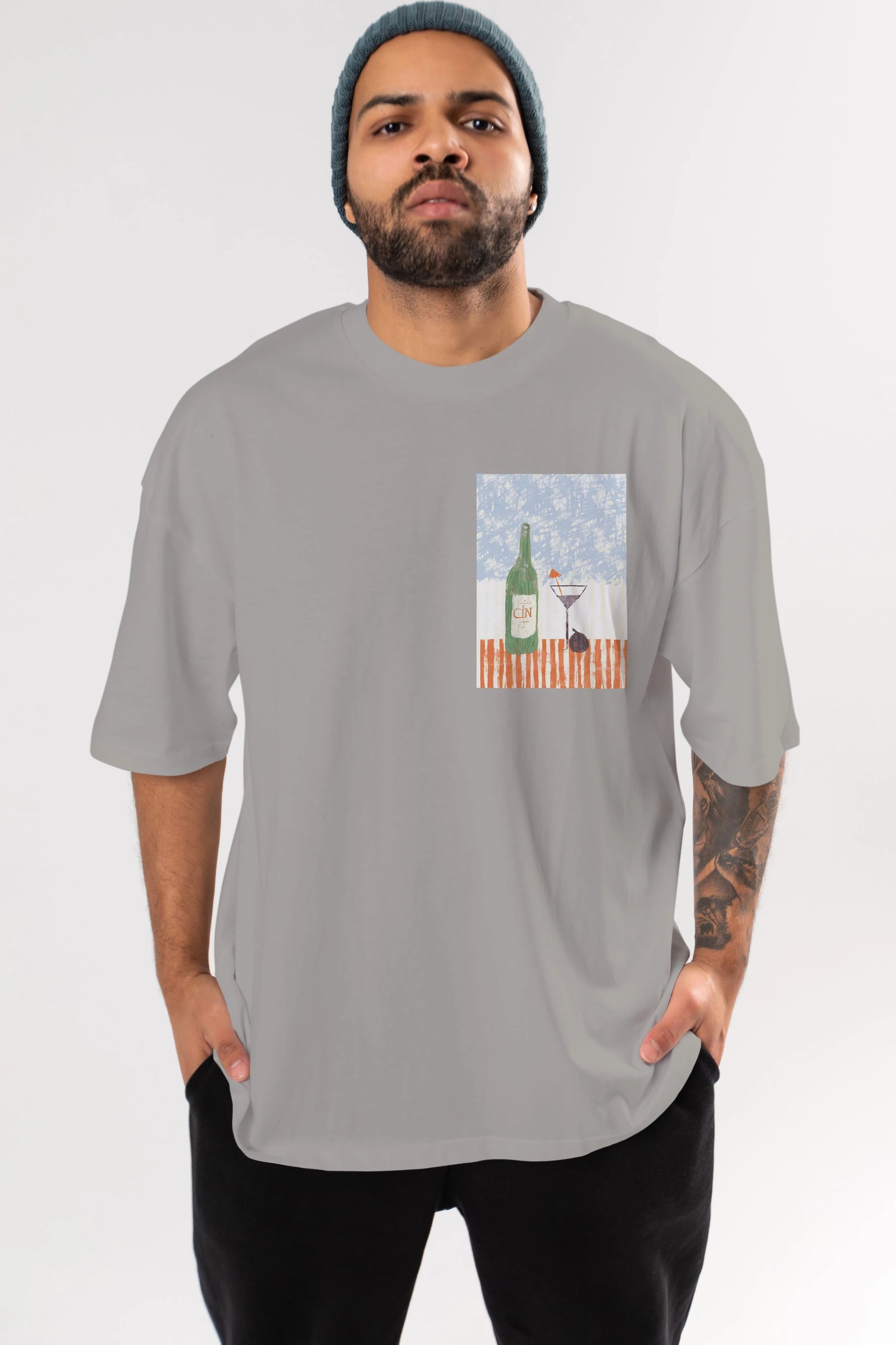 Gin Ön Sol Baskılı Oversize t-shirt Erkek Kadın Unisex %100 Pamuk Bisiklet Yaka tişort