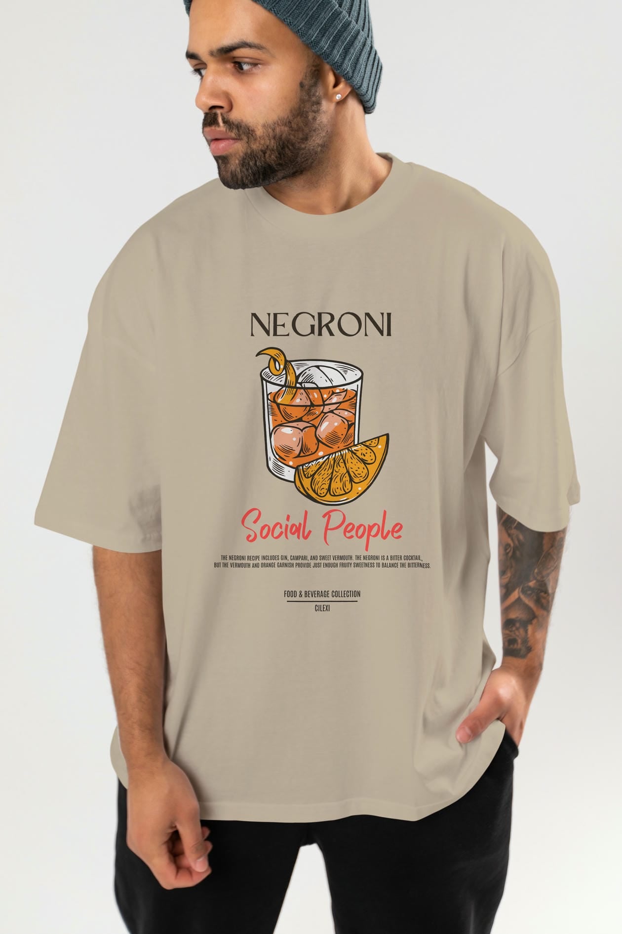 Negroni Kokteyl Serisi ön Baskılı Oversize t-shirt Erkek Kadın %100 Pamuk Bisiklet Yaka tişort