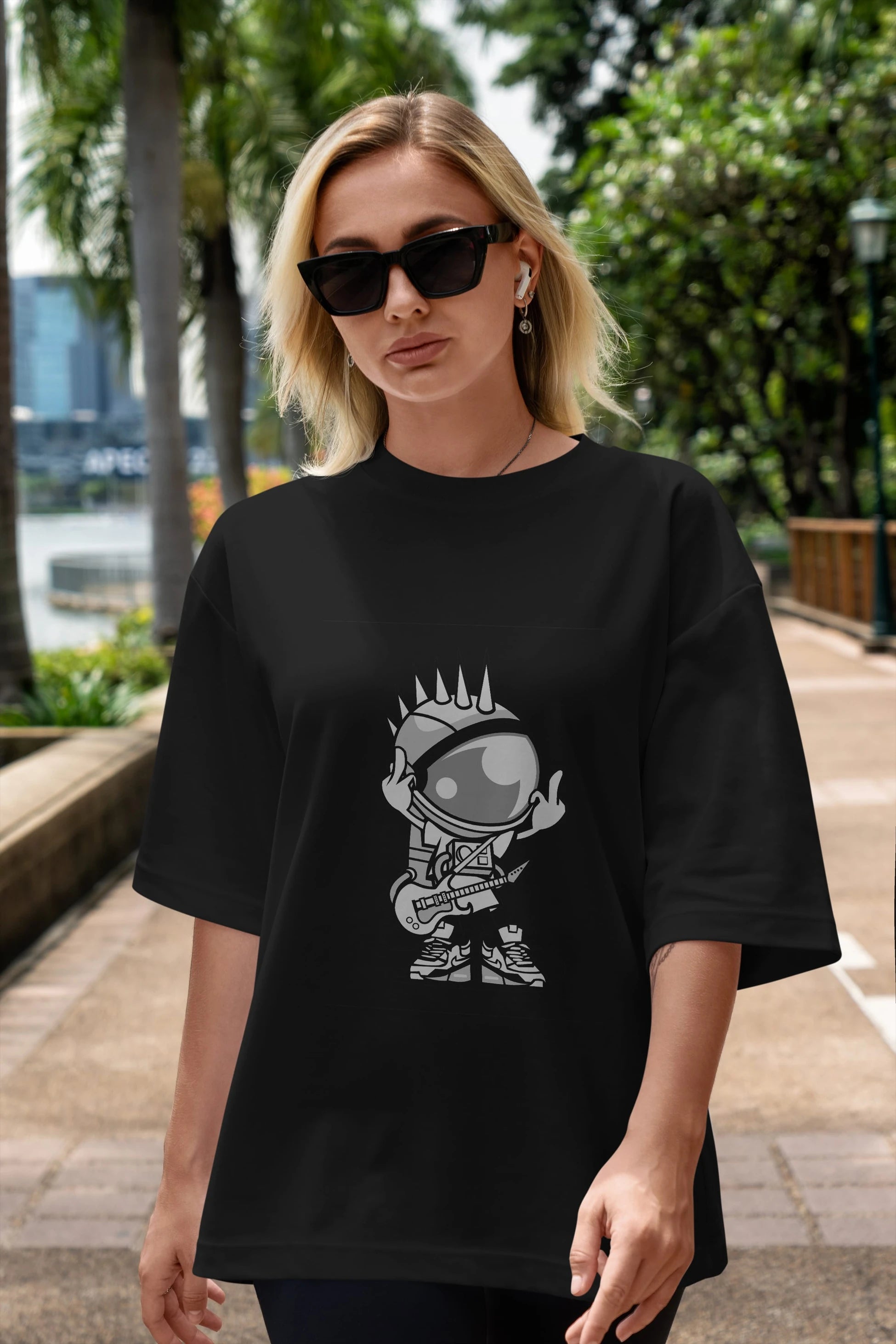 Astronaut Punk Rock Ön Baskılı Oversize t-shirt Erkek Kadın Unisex %100 Pamuk tişort