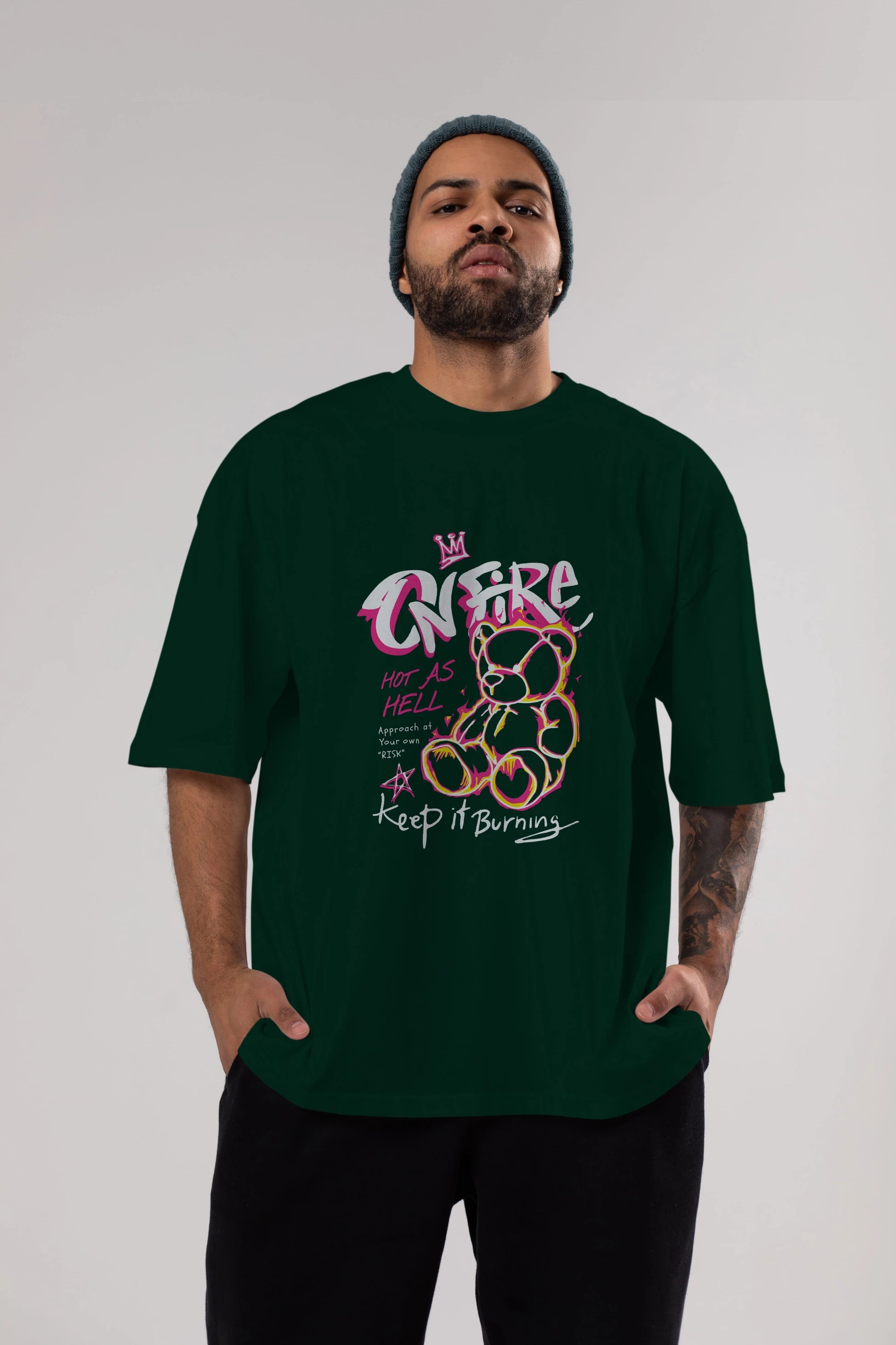 On Fire Bear Ön Baskılı Oversize t-shirt Erkek Kadın Unisex