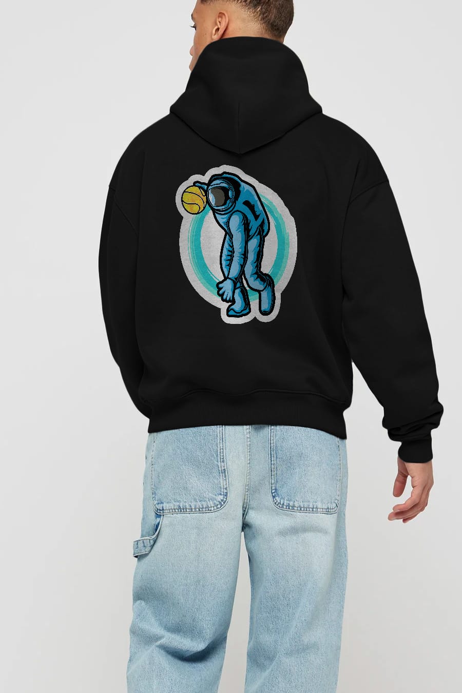 Astronaut Dribble Sticker Arka Baskılı Hoodie Oversize Kapüşonlu Sweatshirt Erkek Kadın Unisex