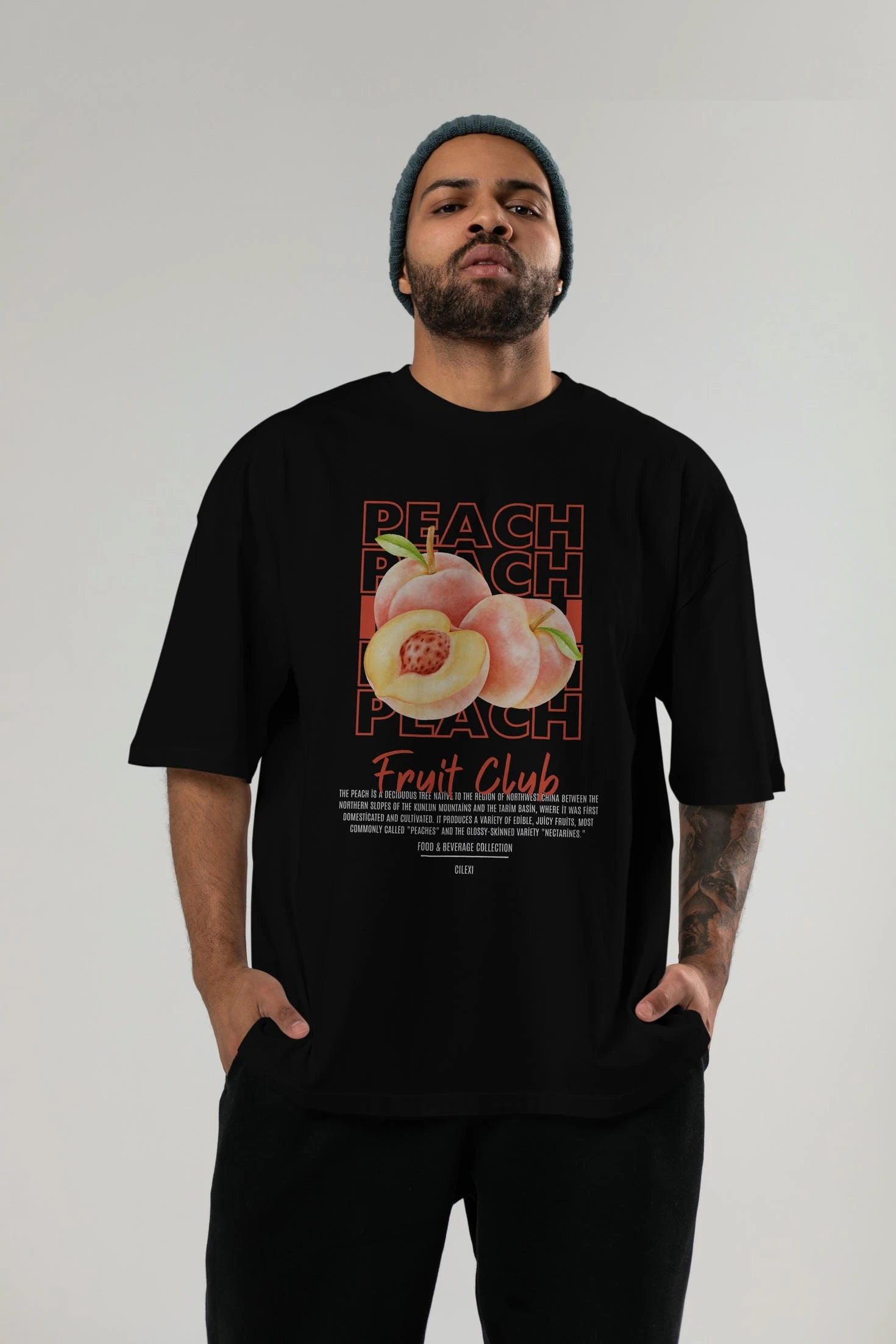 Peach Ön Baskılı Oversize t-shirt Erkek Kadın Pamuk Bisiklet Yaka tişort