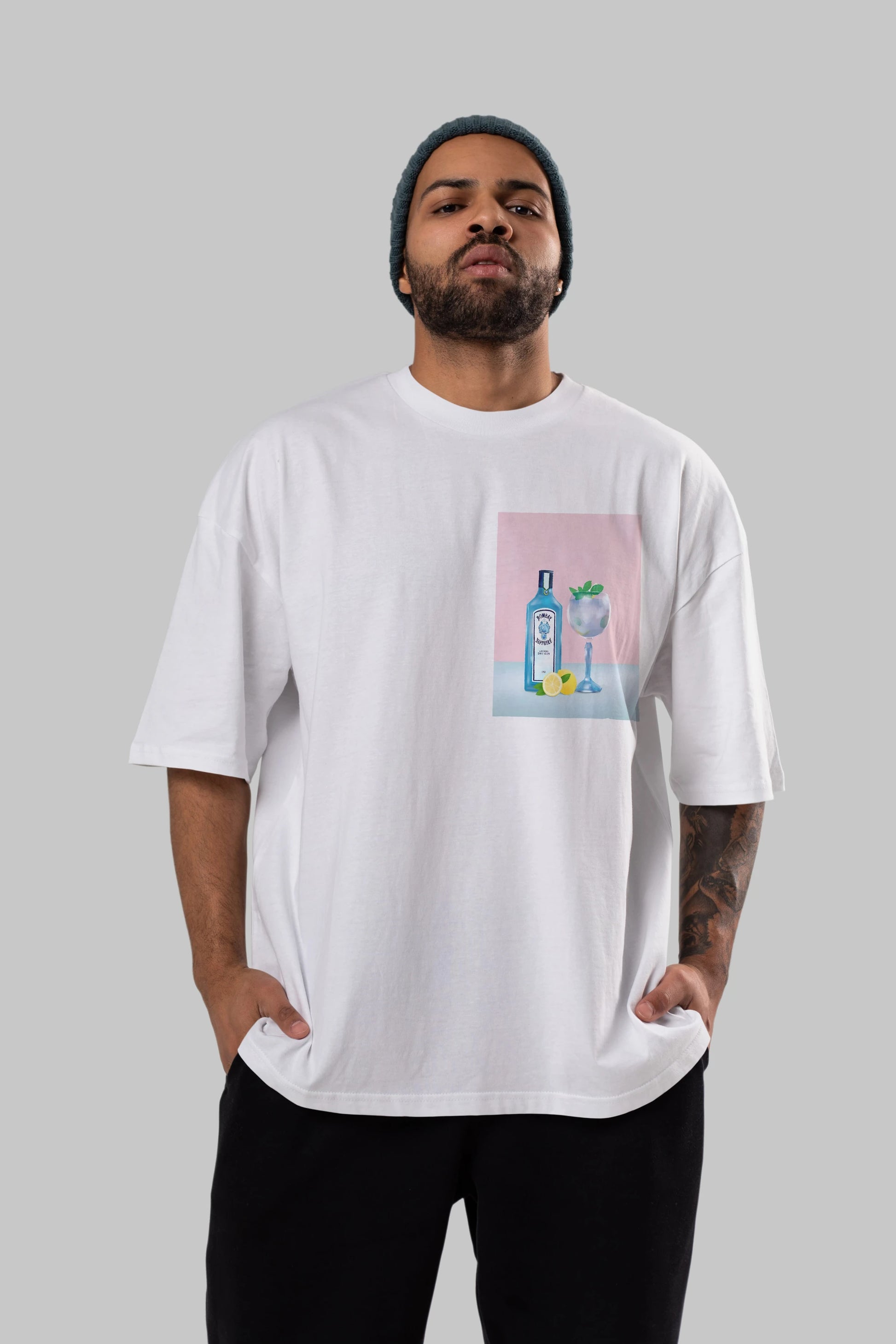 Bombay Sapphire Dry Gin Ön Sol Baskılı Oversize t-shirt Erkek Kadın Unisex %100 Pamuk Bisiklet Yaka tişort