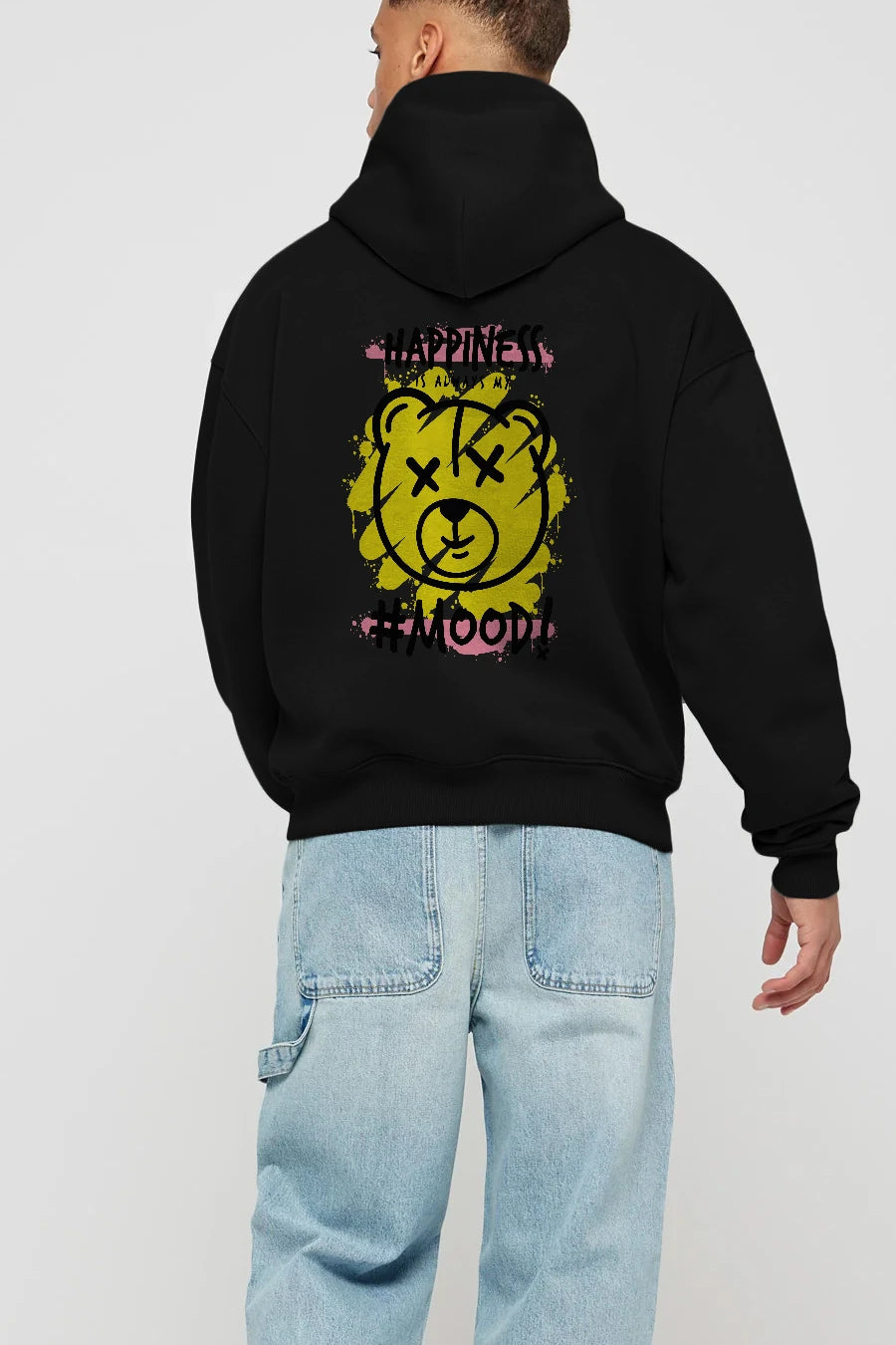 Happiness Mood Bear Arka Baskılı Hoodie Oversize Kapüşonlu Sweatshirt Erkek Kadın Unisex