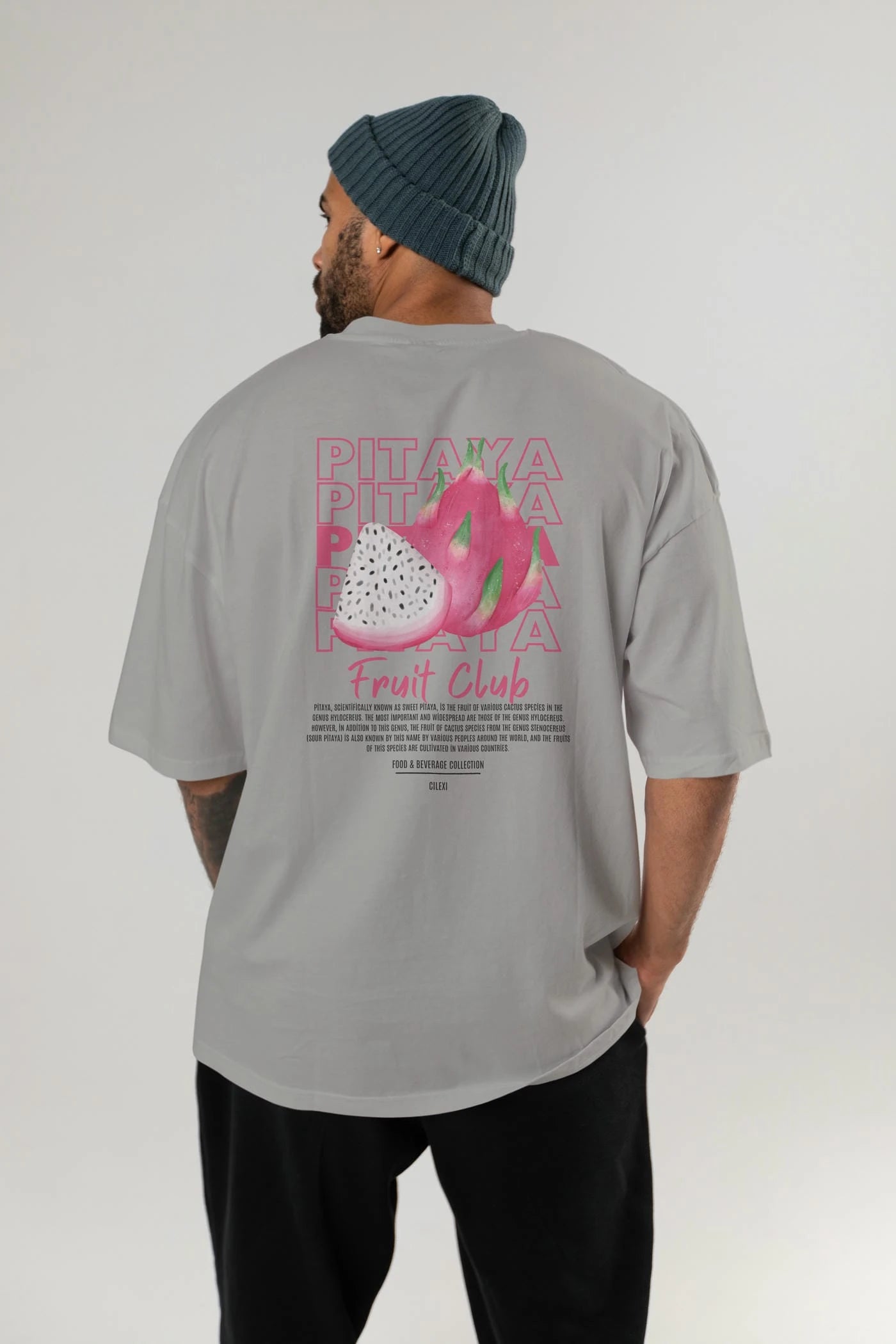 Pitaya Arka Baskılı Oversize t-shirt Erkek Kadın Pamuk Bisiklet Yaka tişort