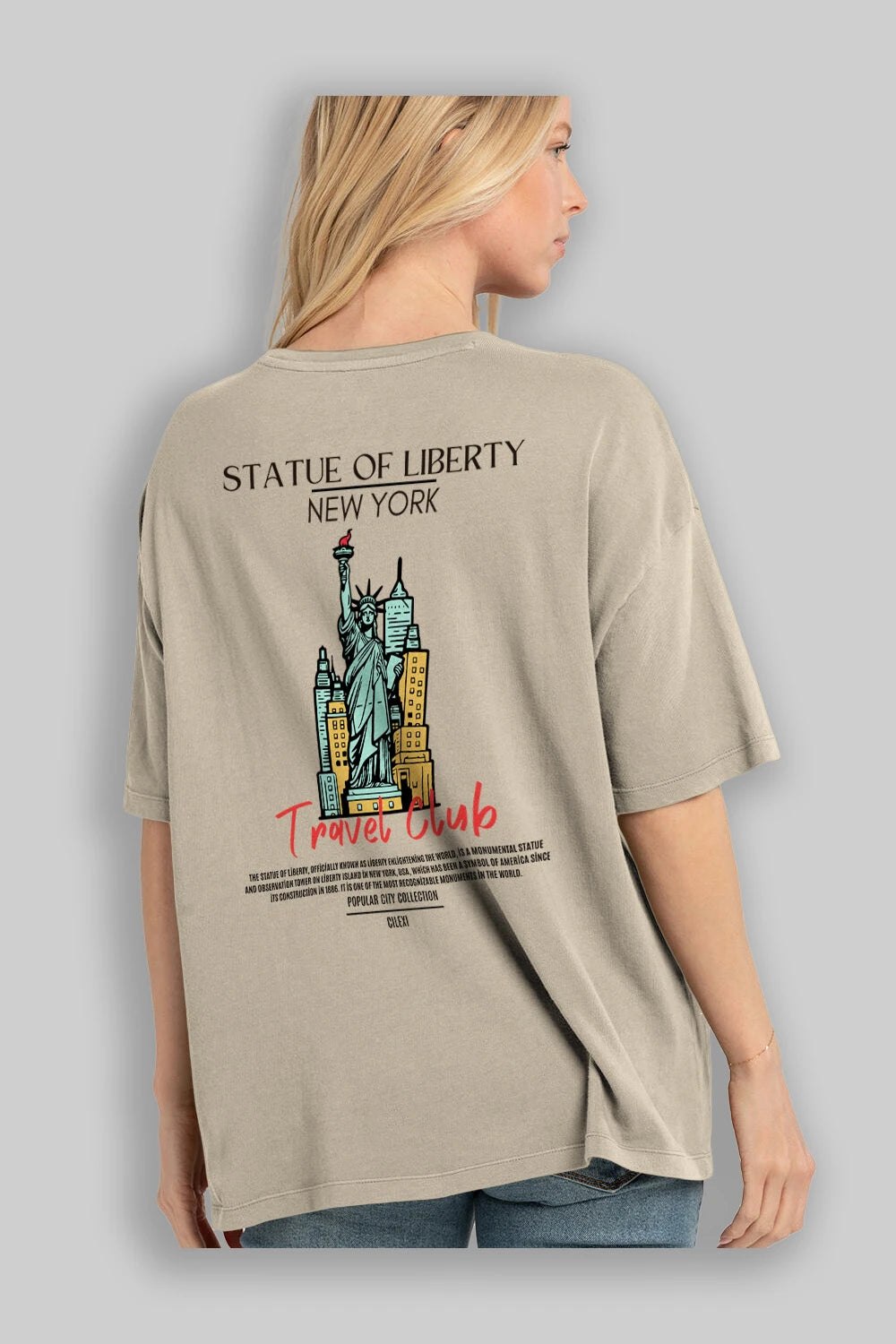 Statue Of Liberty New York Arka Baskılı Oversize t-shirt Erkek Kadın Pamuk Bisiklet Yaka tişort