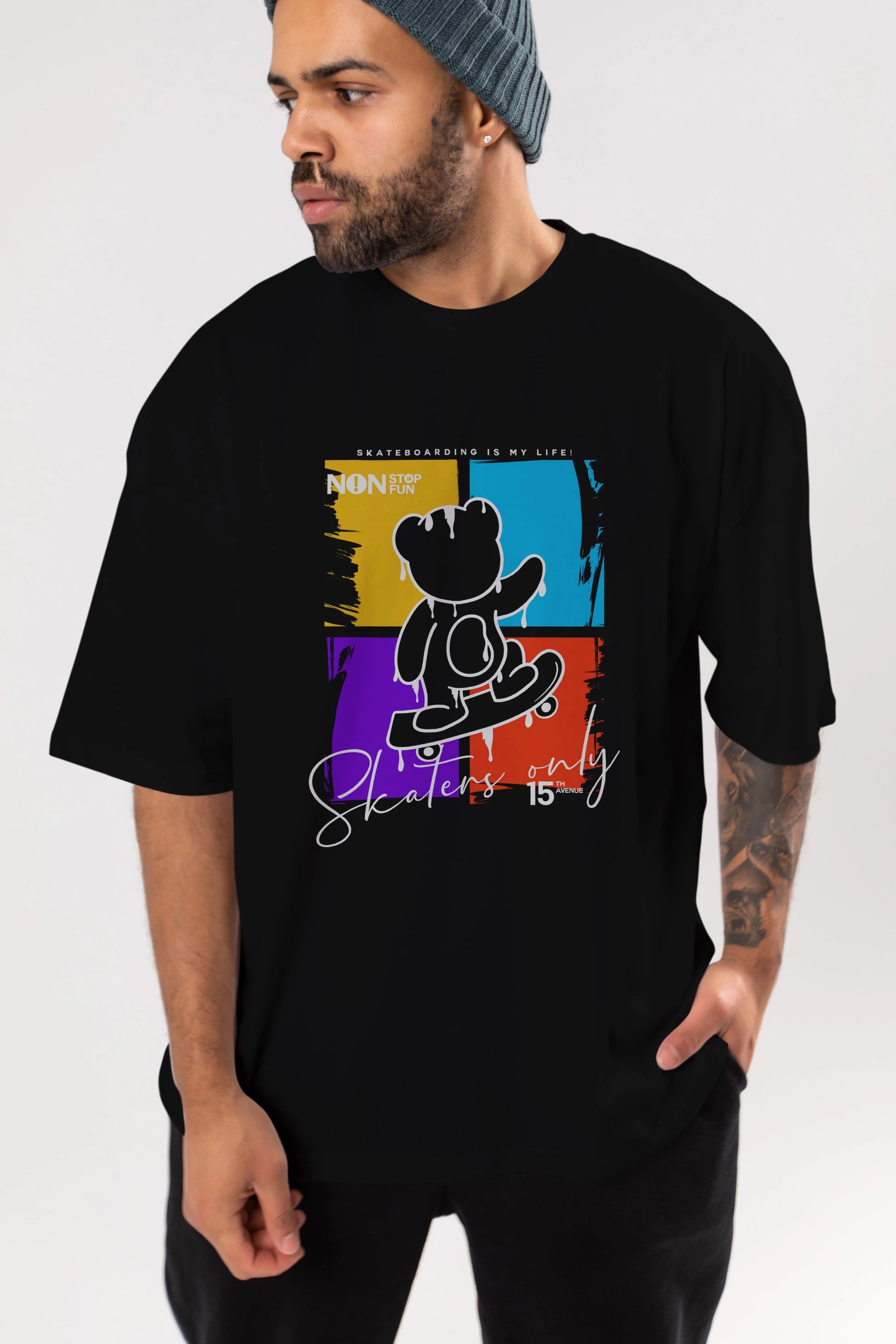 Skaters Only Bear Ön Baskılı Oversize t-shirt Erkek Kadın Unisex