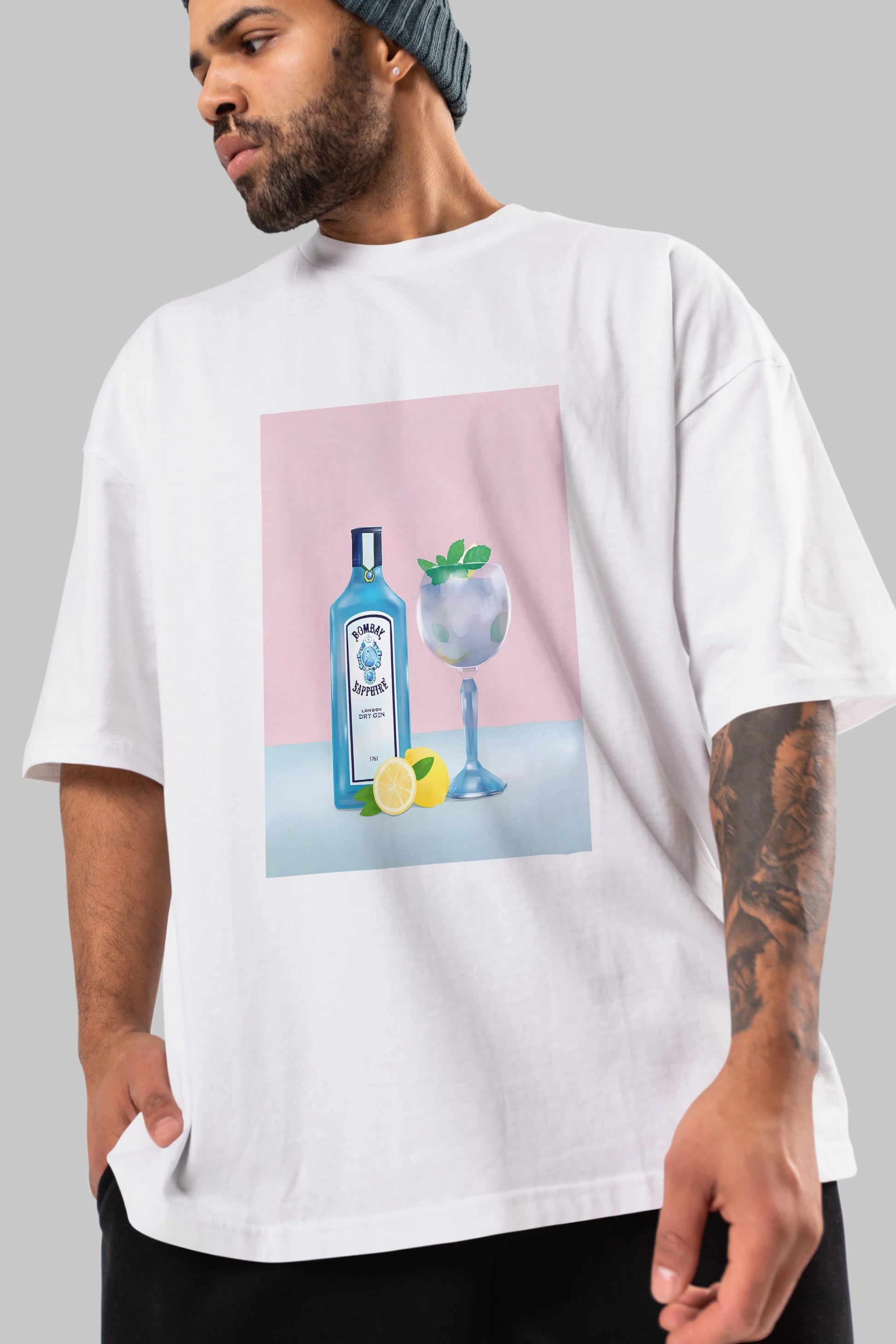 Bombay Sapphire Dry Gin Ön Baskılı Oversize t-shirt Erkek Kadın Unisex %100 Pamuk Bisiklet Yaka tişort