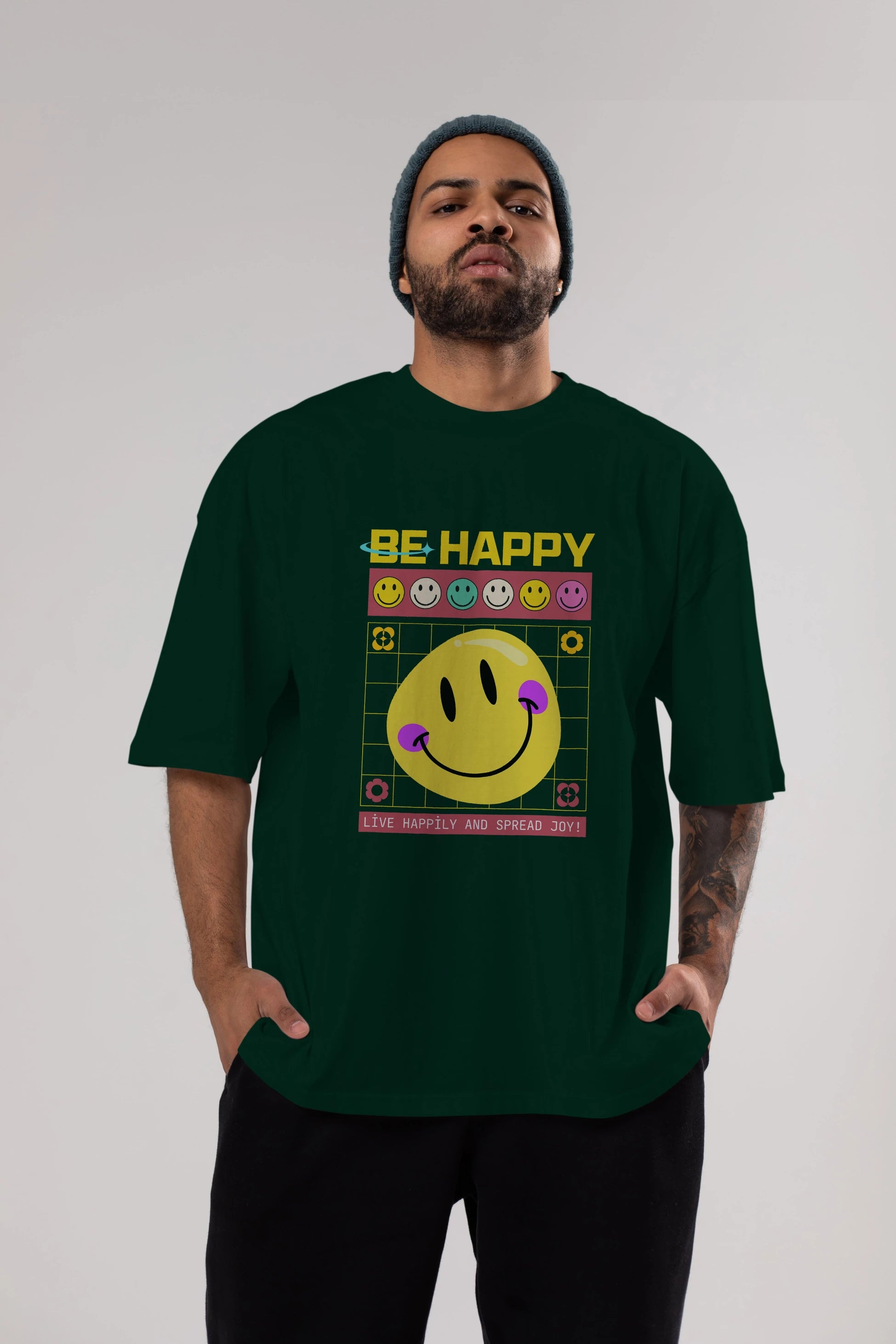 Be Happy Yazılı Ön Baskılı Oversize t-shirt Erkek Kadın Unisex