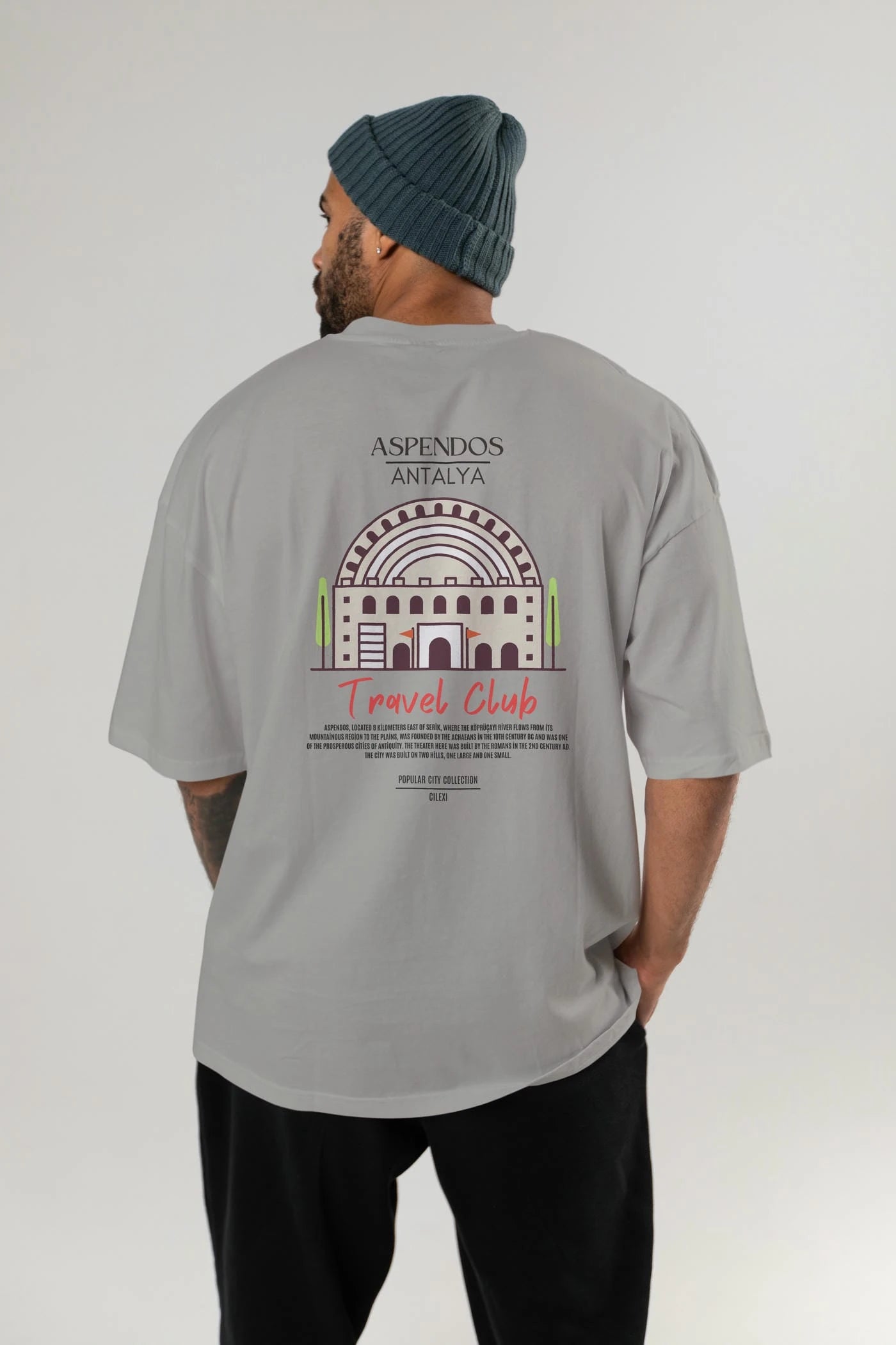 Aspendos Antalya Arka Baskılı Oversize t-shirt Erkek Kadın Pamuk Bisiklet Yaka tişort