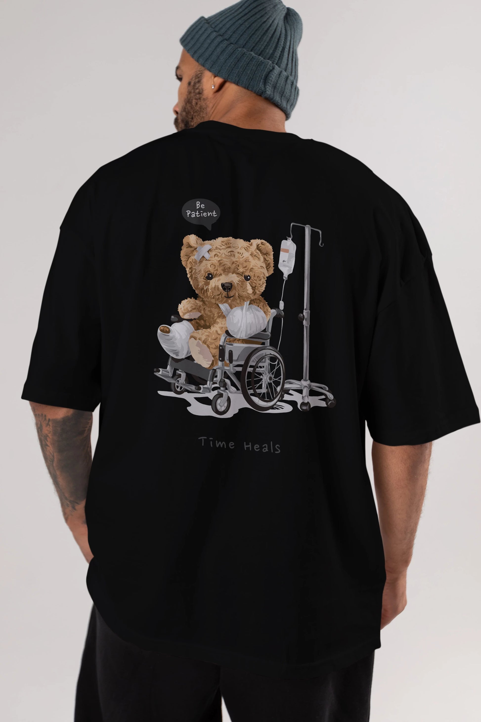 Teddy Bear Time Heals Arka Baskılı Oversize t-shirt Erkek Kadın Unisex %100 Pamuk
