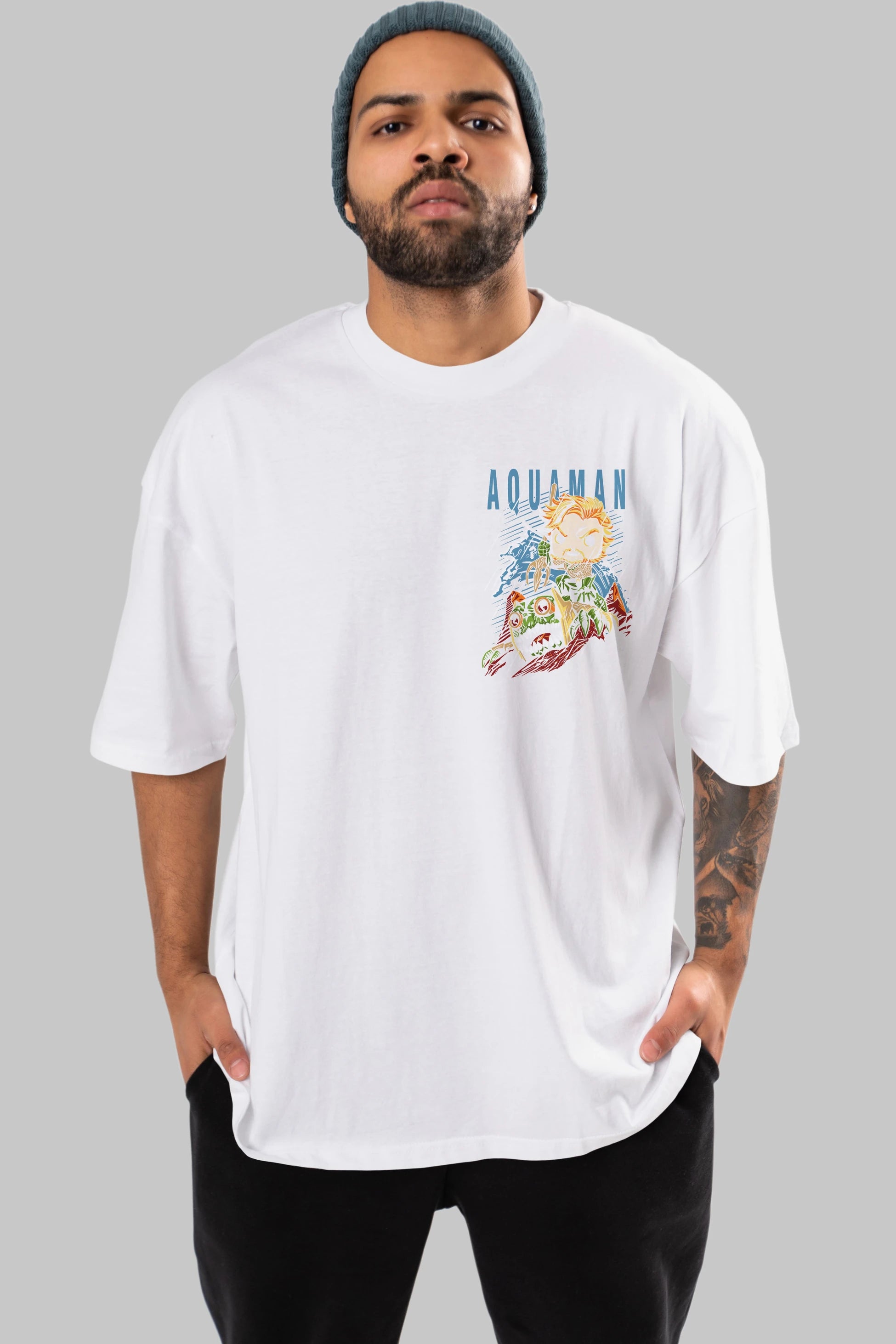 Aquaman Ön Sol Baskılı Oversize t-shirt Erkek Kadın Unisex %100 Pamuk Bisiklet Yaka tişort