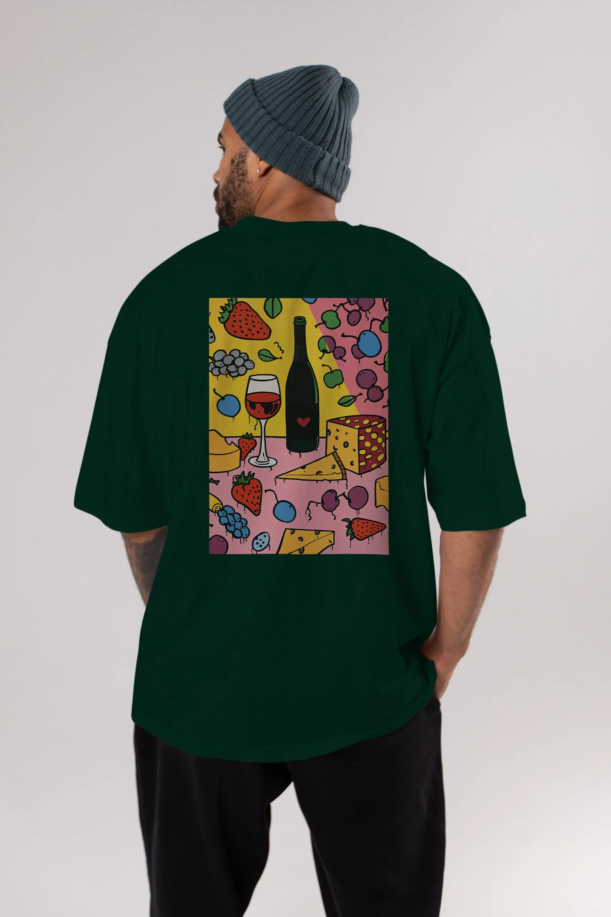 Wine Cheese Fruits Arka Baskılı Oversize t-shirt Erkek Kadın Unisex %100 Pamuk Bisiklet Yaka tişort