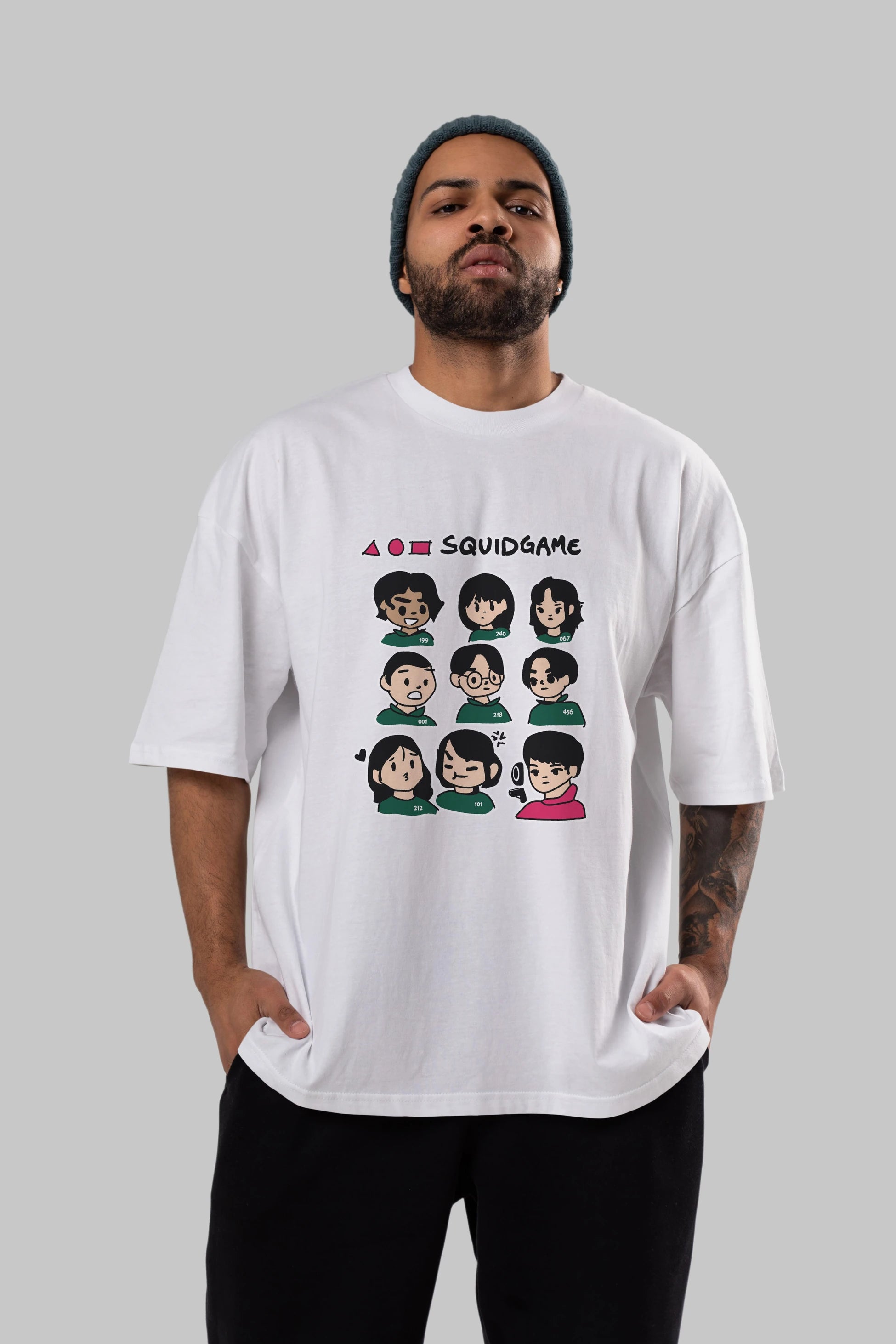 Squid Game (3) Ön Baskılı Oversize t-shirt Erkek Kadın Unisex %100 Pamuk Bisiklet Yaka tişort
