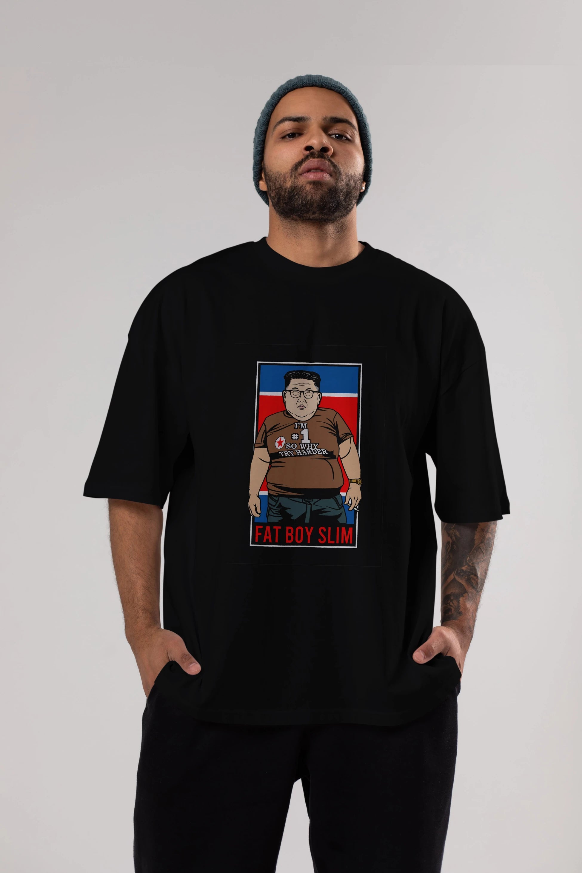 Fat Boy Slim Kim Jong Un Ön Baskılı Oversize t-shirt Erkek Kadın Unisex %100 Pamuk tişort